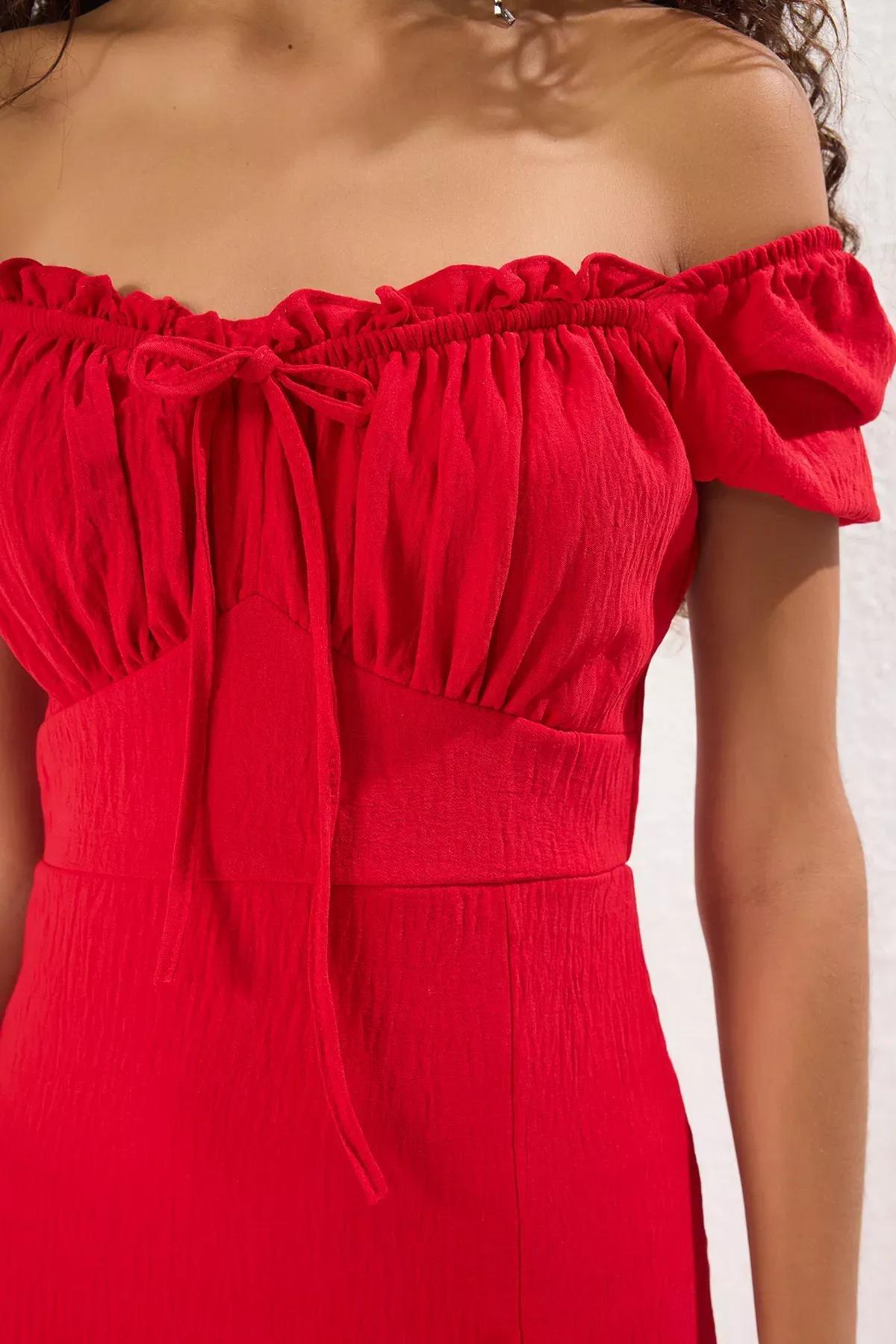 Frills Ruffle Bardot Maxi Dress, Red, large image number 3