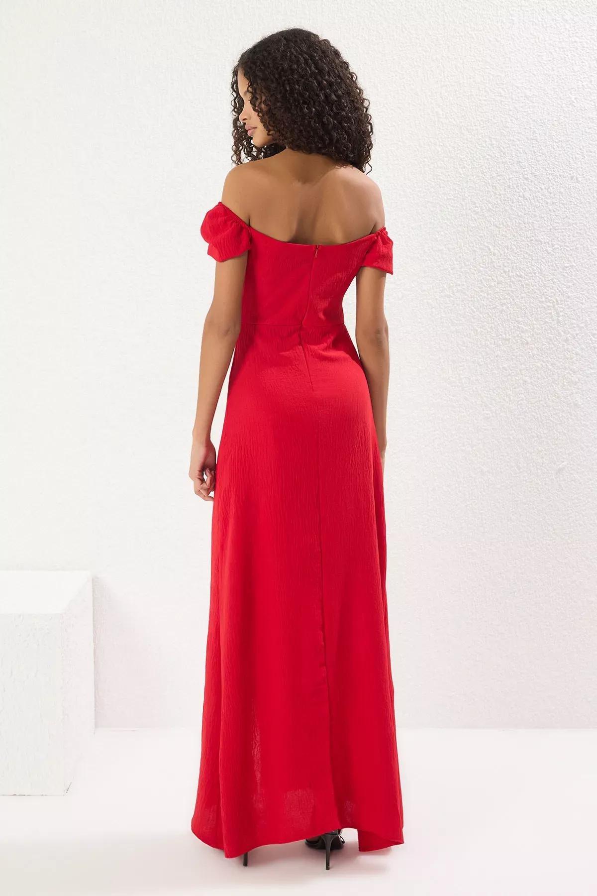 Frills Ruffle Bardot Maxi Dress, Red, large image number 4