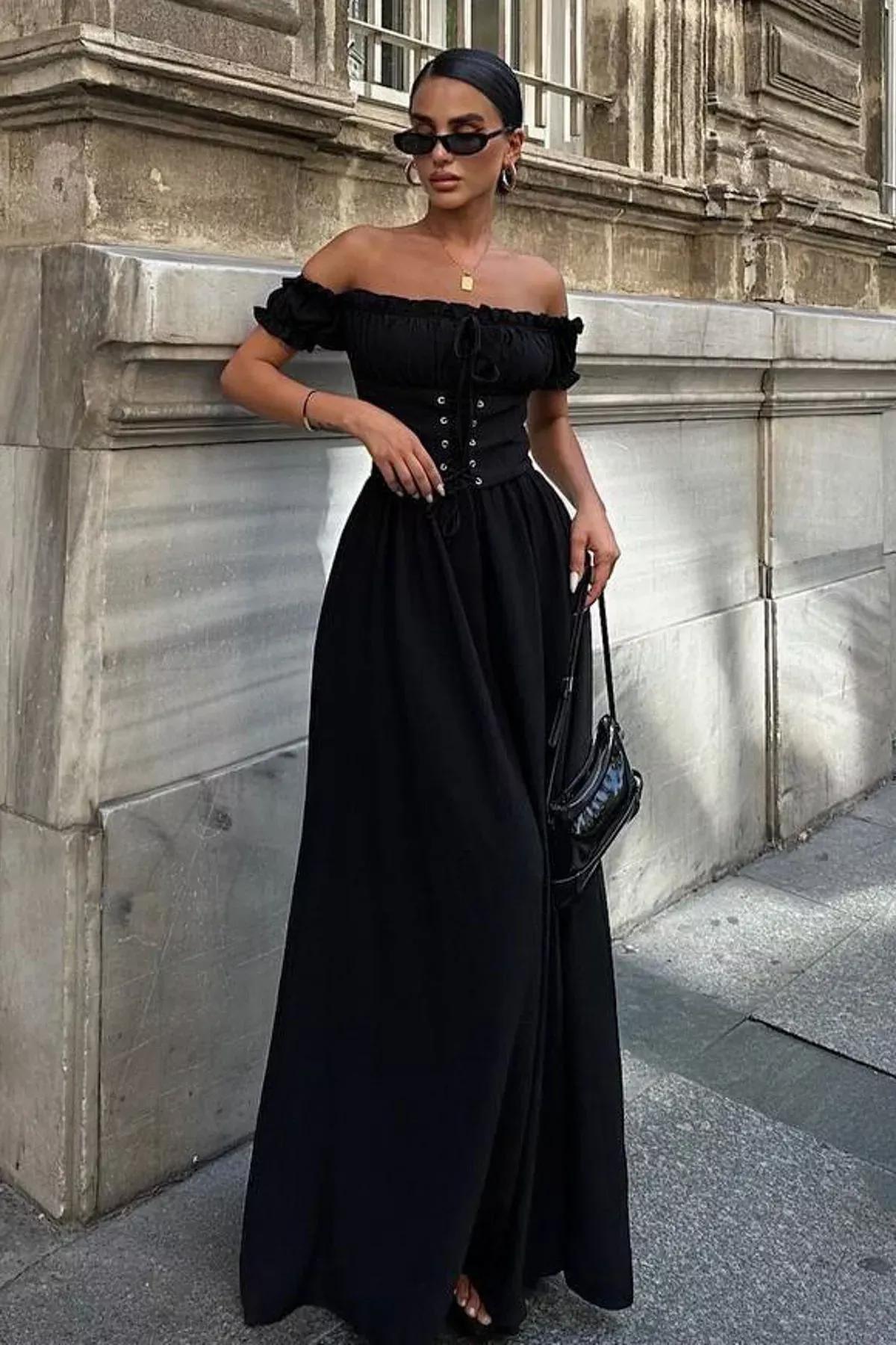 A-Line Frills Ruffle Maxi Dress, BLACK, large image number 0