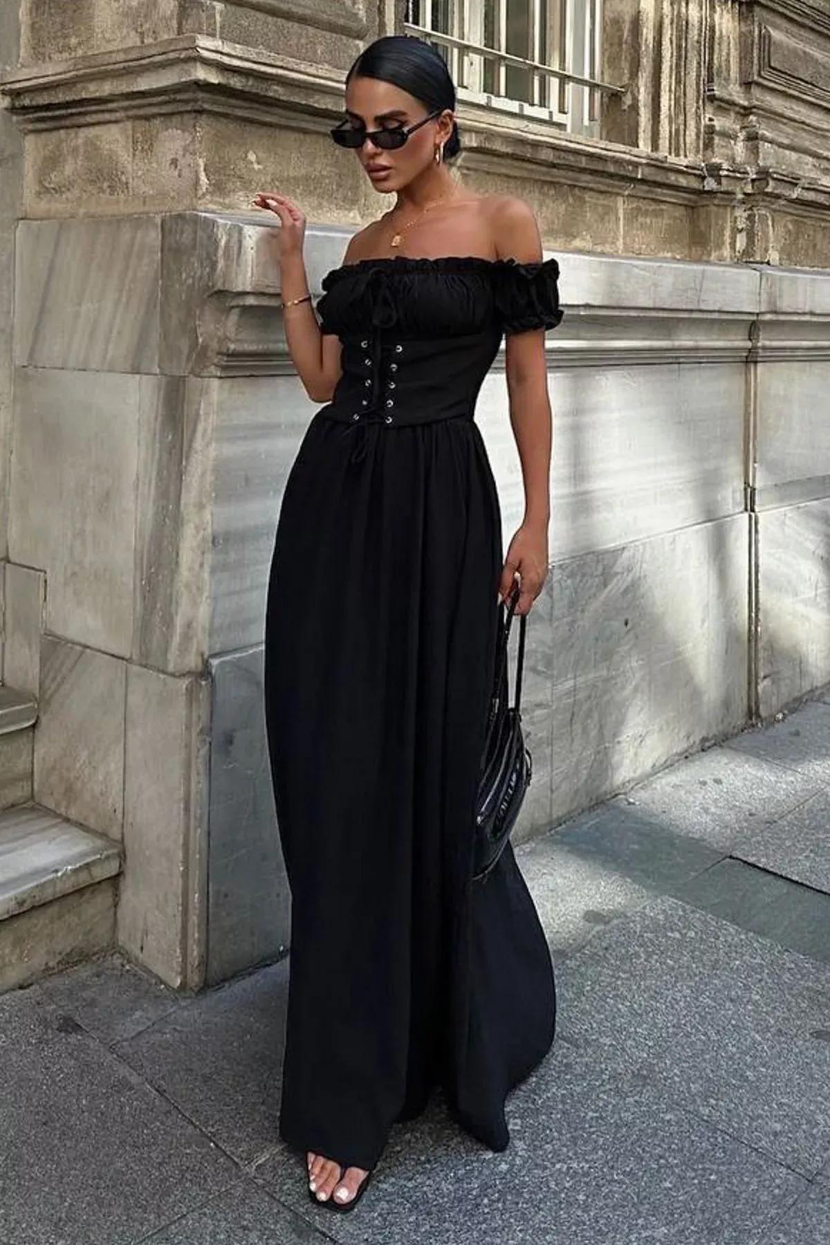 A-Line Frills Ruffle Maxi Dress, BLACK, large image number 1