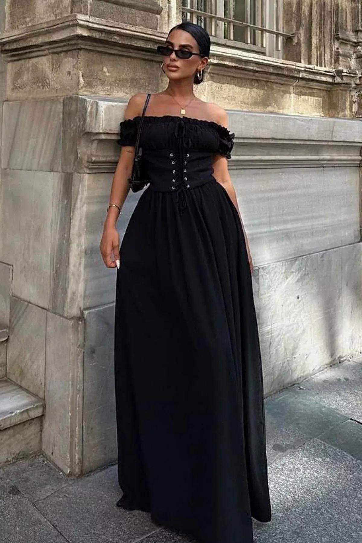 A-Line Frills Ruffle Maxi Dress, BLACK, large image number 2