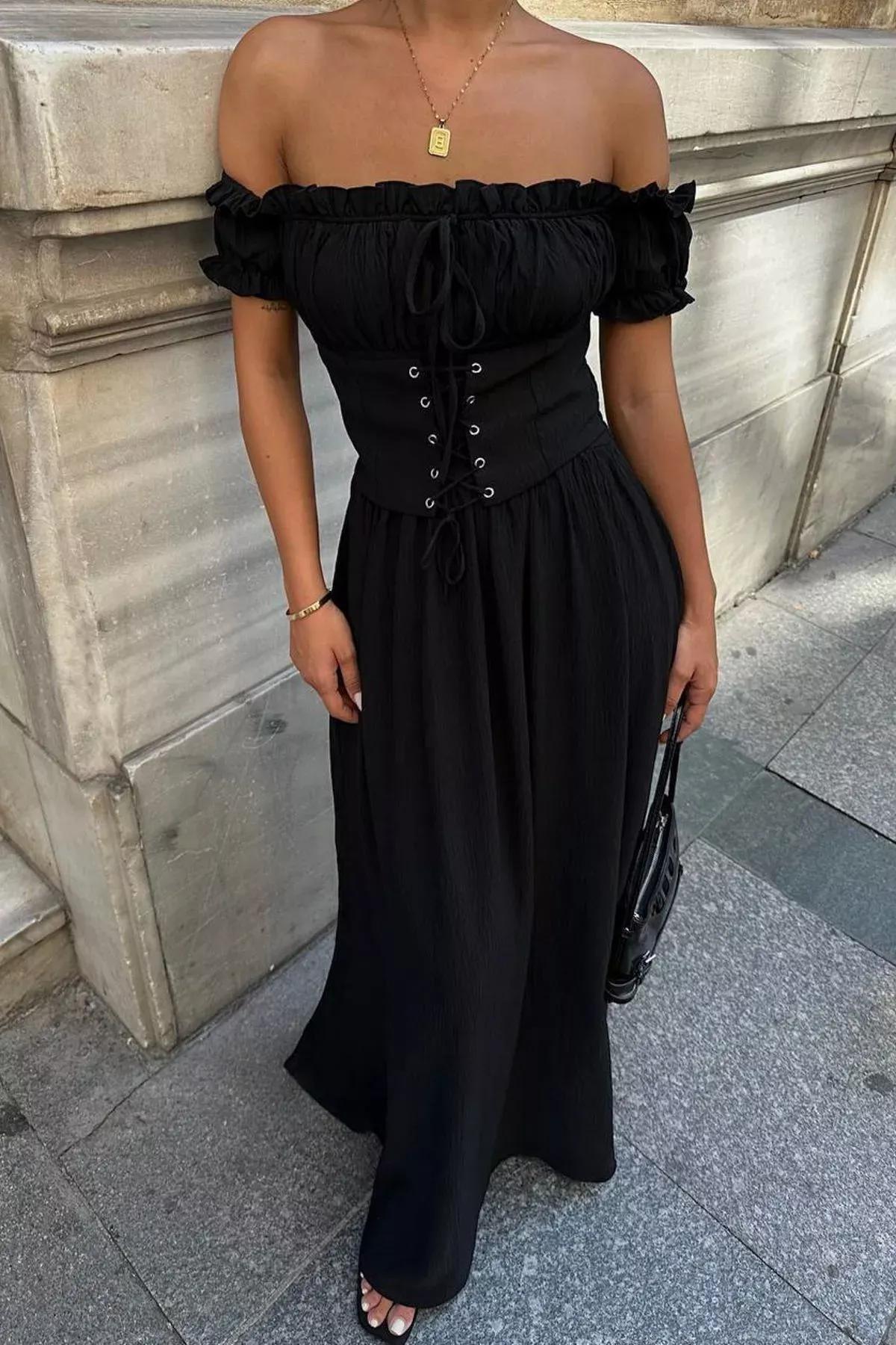 A-Line Frills Ruffle Maxi Dress, BLACK, large image number 3