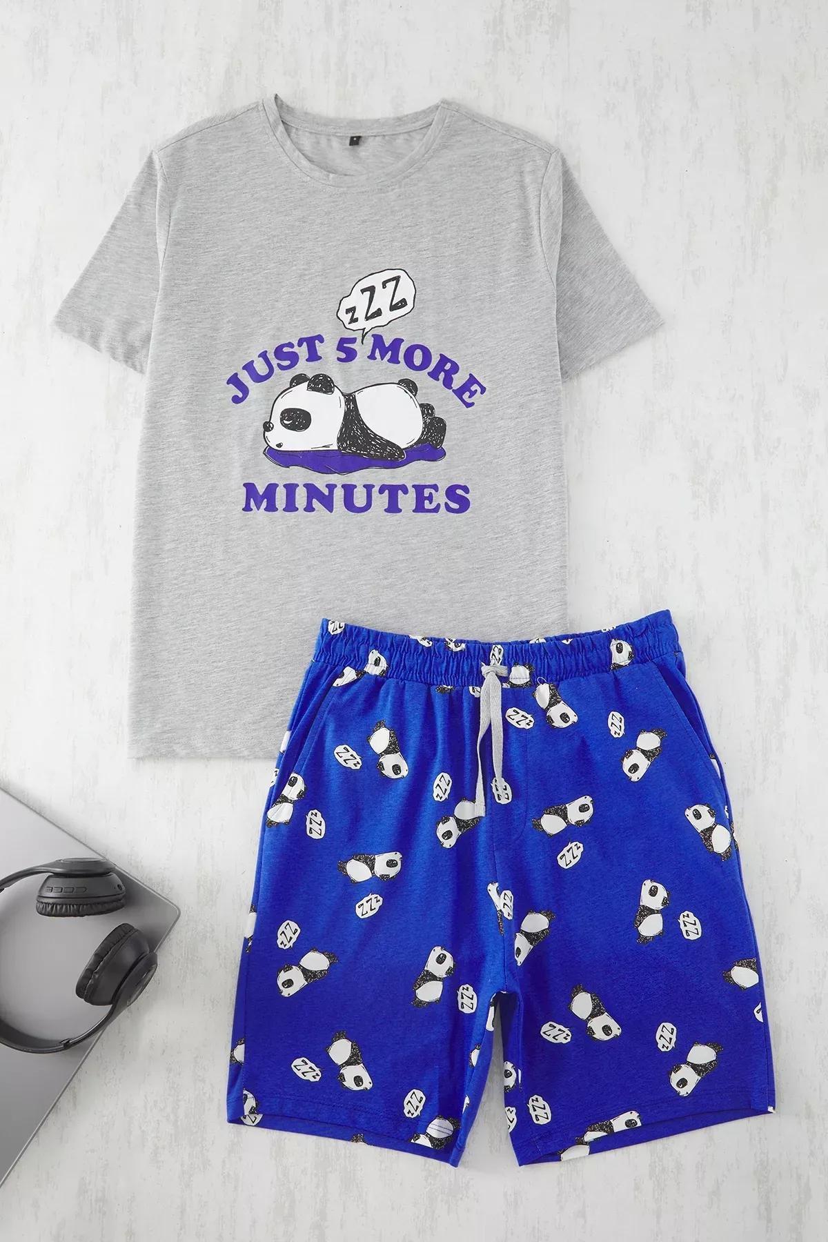 Grey Slim Fit Panda Printed Pajama Set, Grey, medium