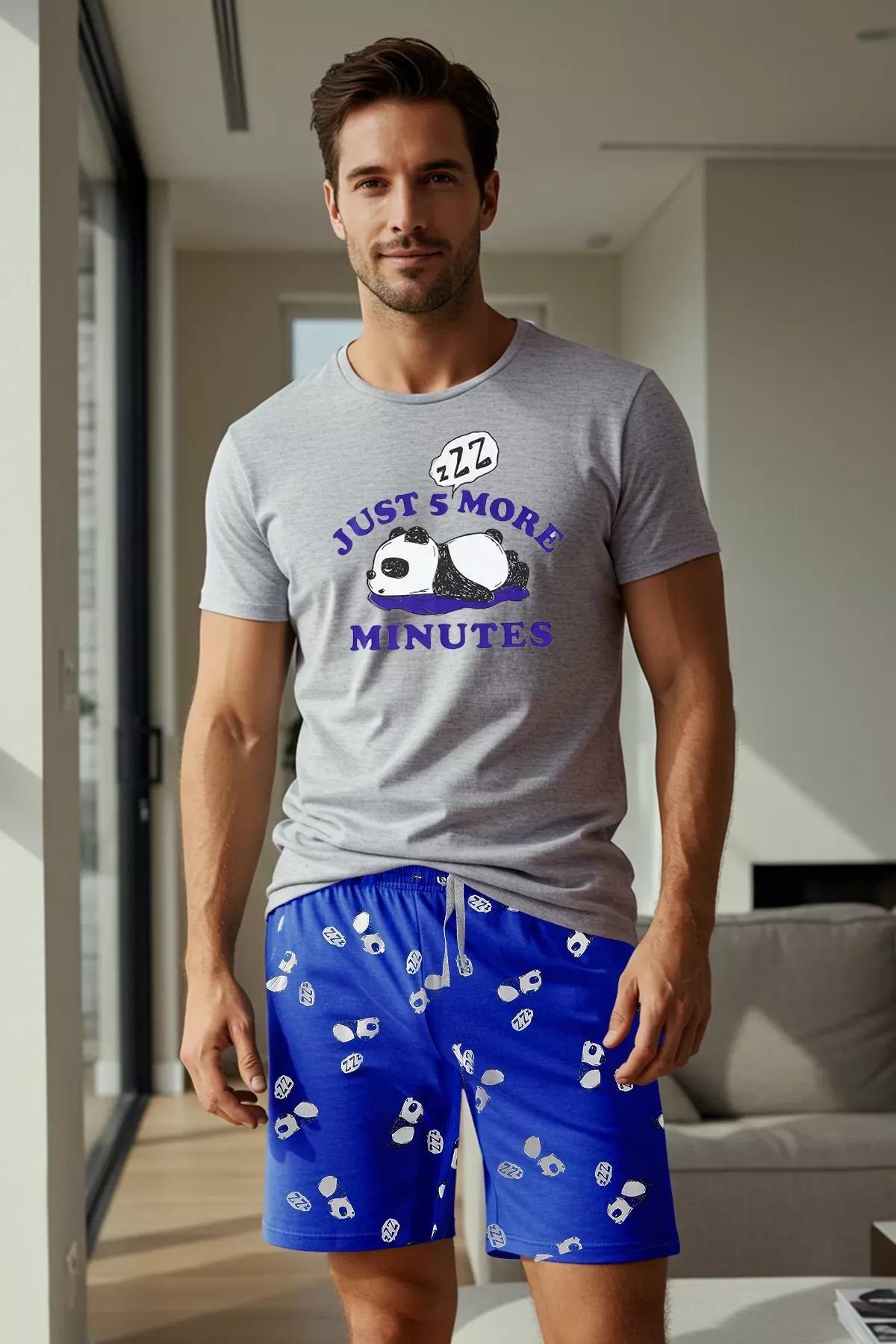 Grey Slim Fit Panda Printed Pajama Set, Grey, large image number 1