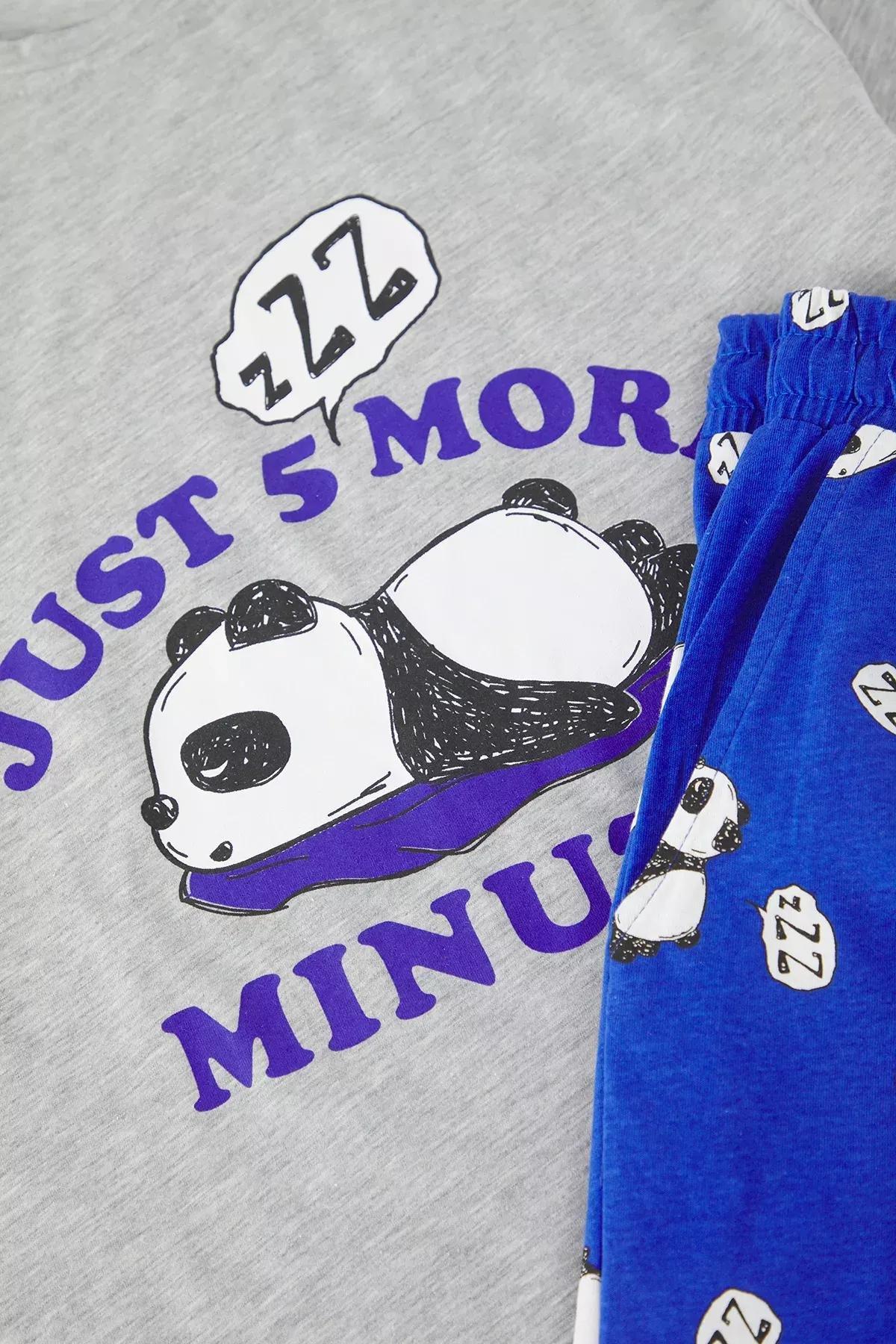 Grey Slim Fit Panda Printed Pajama Set, Grey, large image number 3