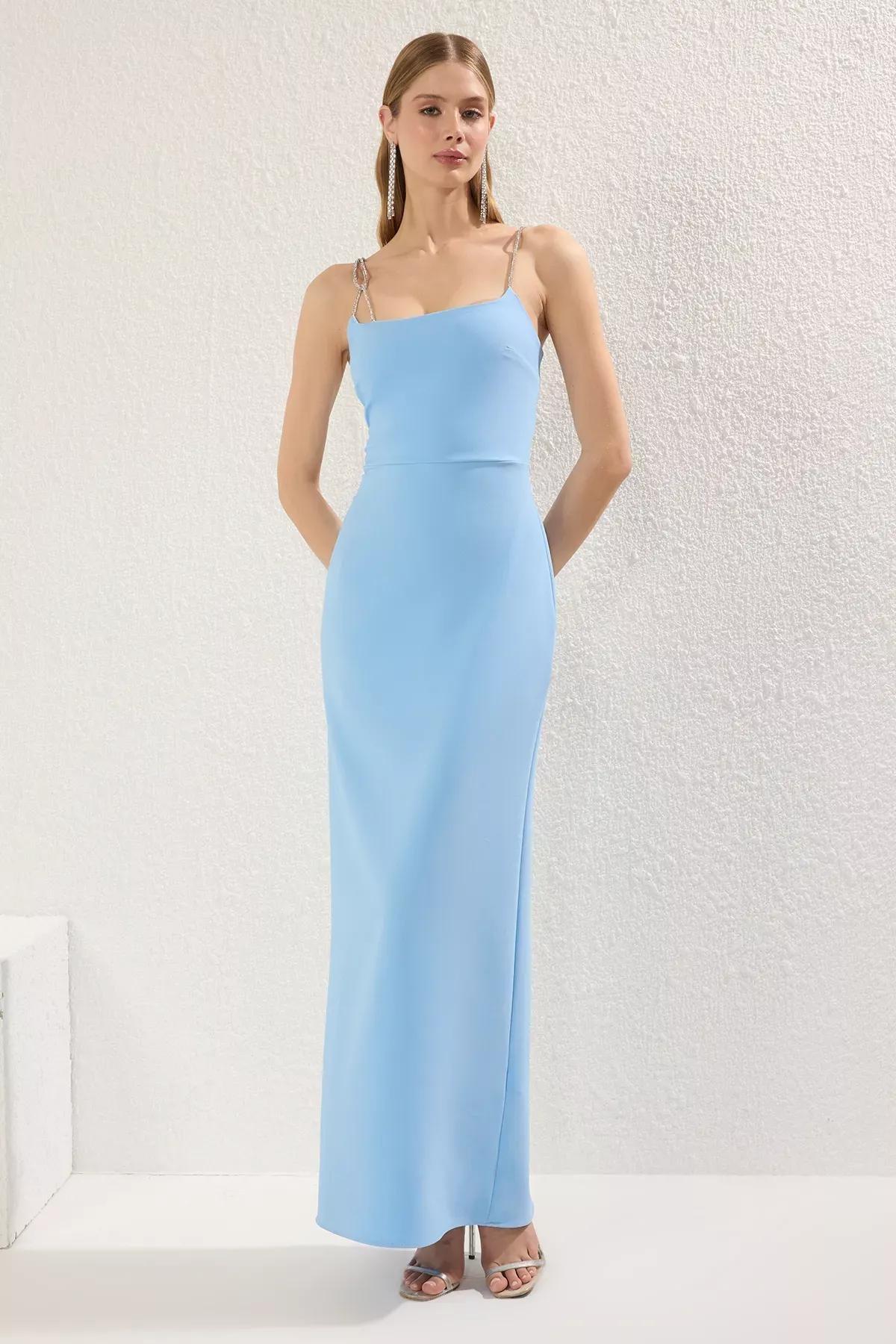 فستان رسمي طويل بأحجار وإكسسوارات, LIGHT BLUE, large image number 1