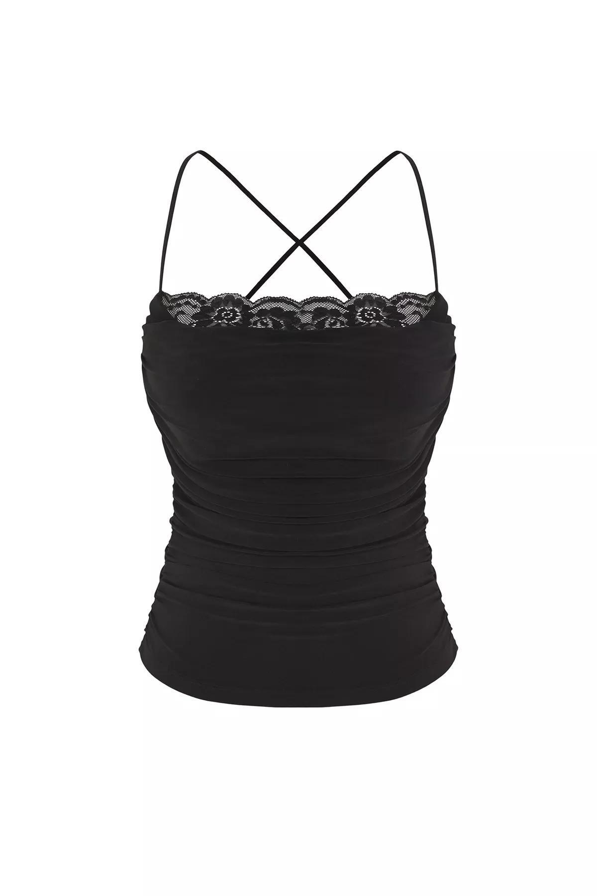 Black Lace Pleated Knit Blouse, , large image number 4