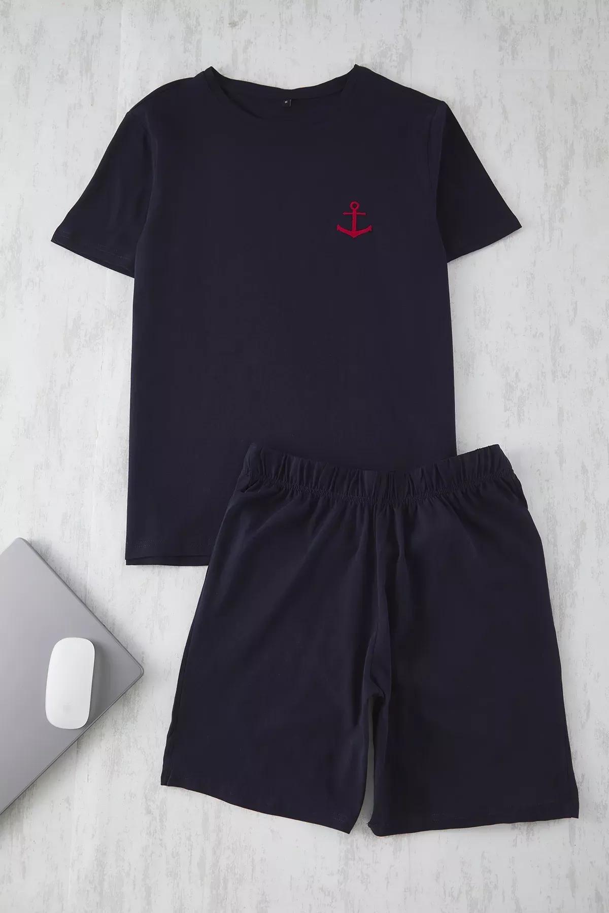 Navy Slim Fit Embroidered Shorts, , large image number 0