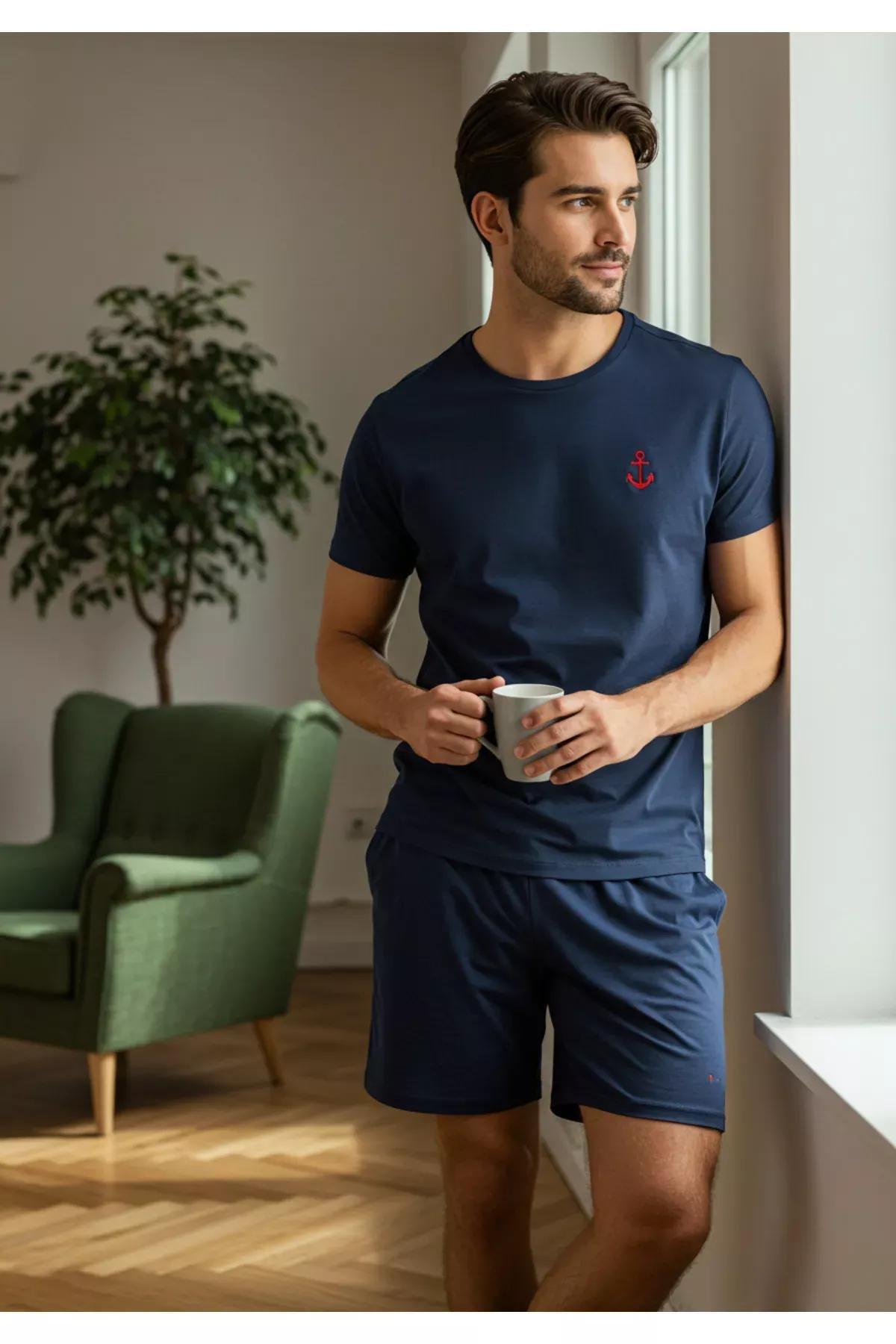 Navy Slim Fit Embroidered Shorts, , large image number 1