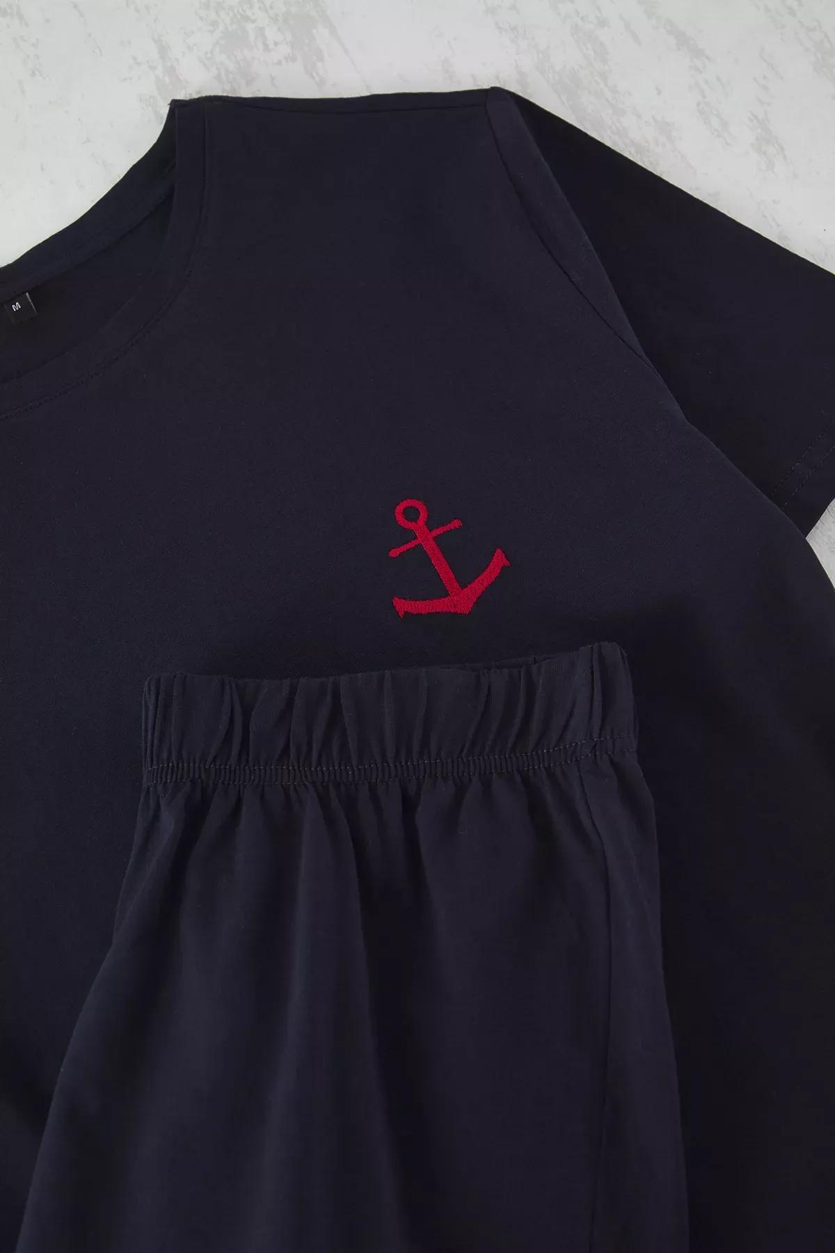 Navy Slim Fit Embroidered Shorts, , large image number 2