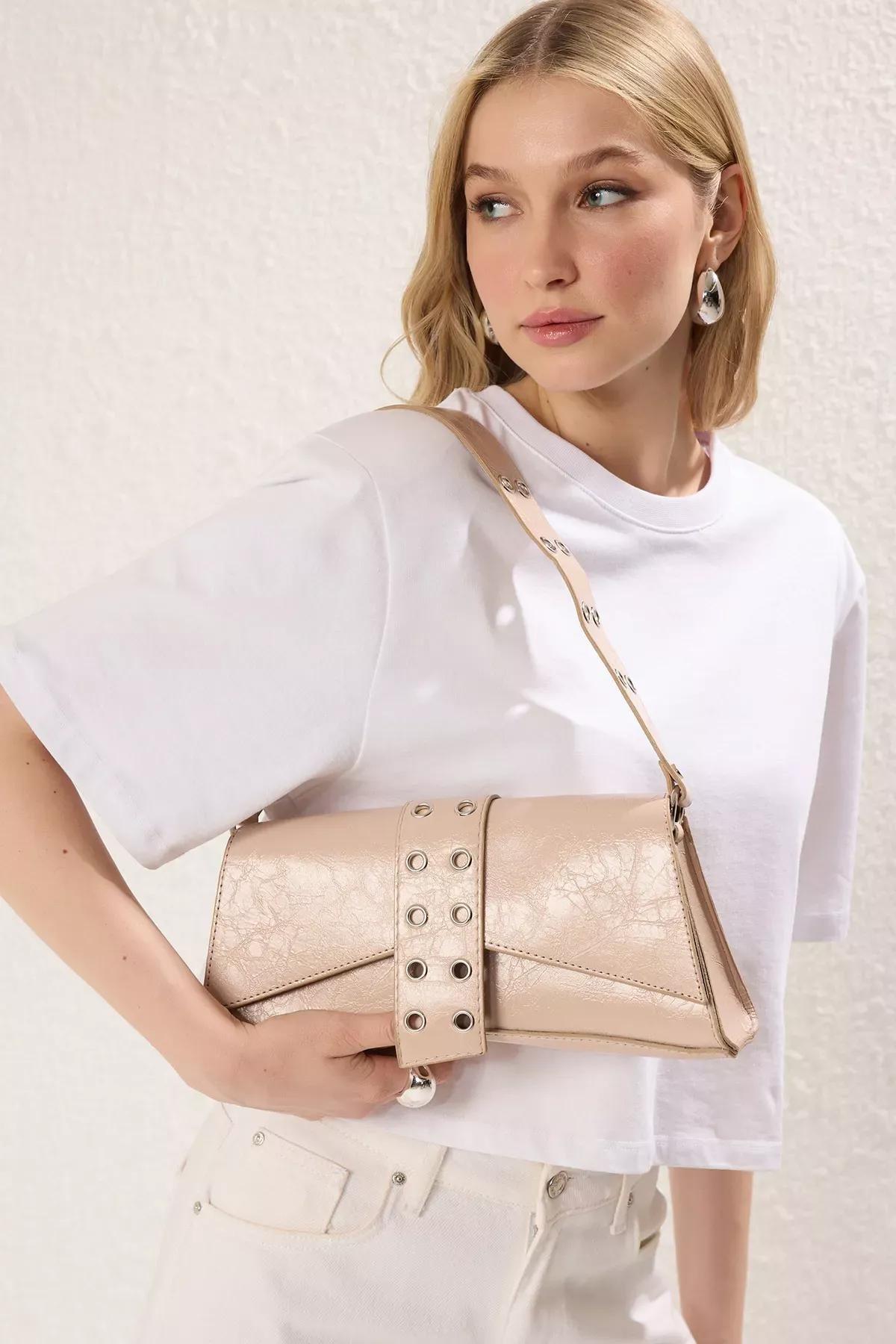 Beige Detailed Snap Closure Shoulder Bag, C101_7494, large image number 0
