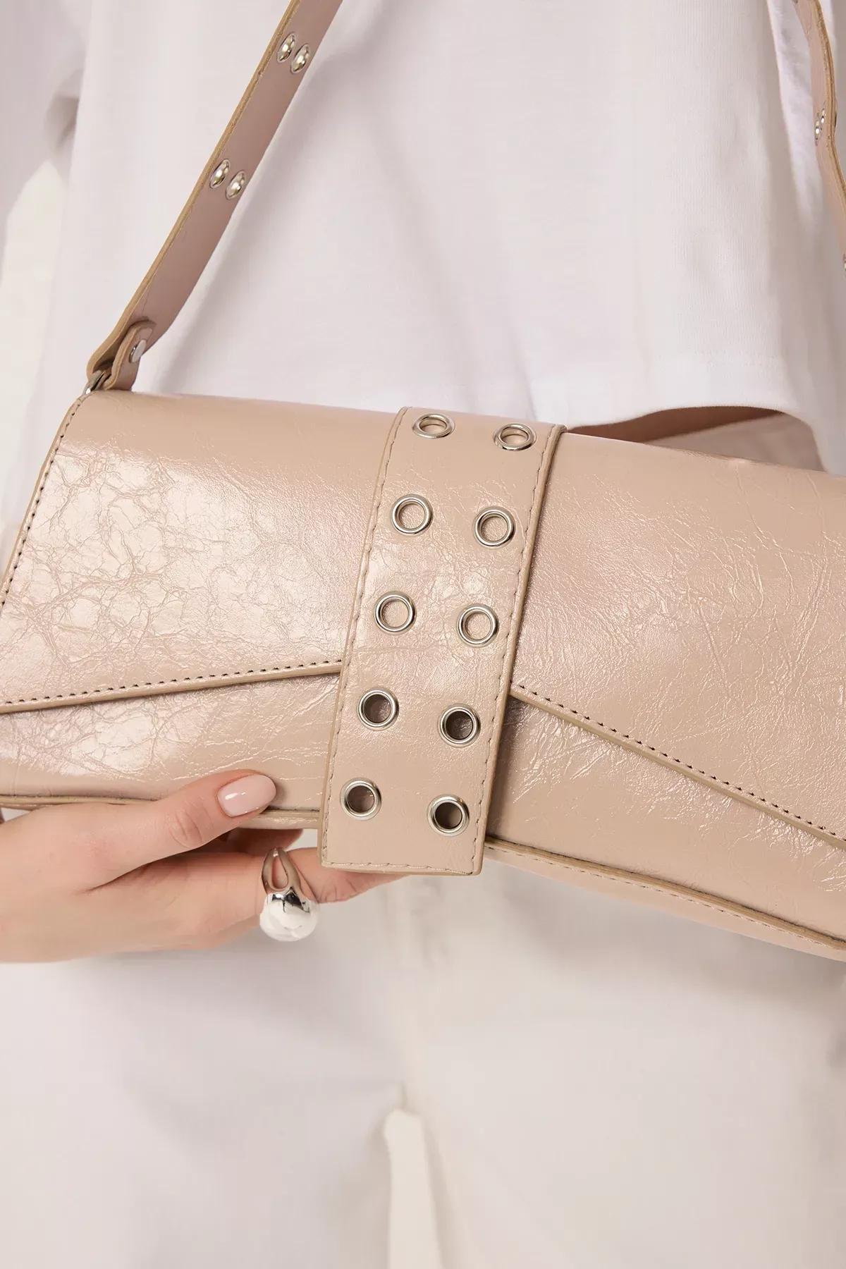 Beige Detailed Snap Closure Shoulder Bag, C101_7494, large image number 1