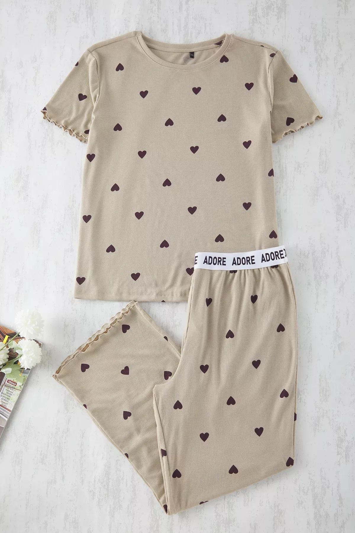 Green Heart Slogan Ribbed Pajama Set, , large image number 0