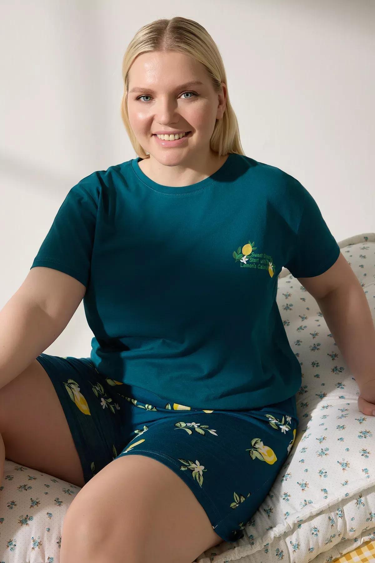 Green Lemon Patterned Pajama Set, Green, large image number 0