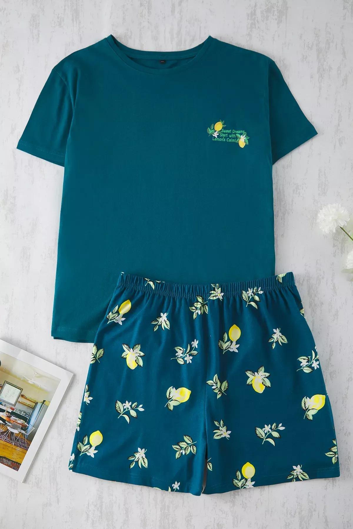 Green Lemon Patterned Pajama Set, Green, large image number 1