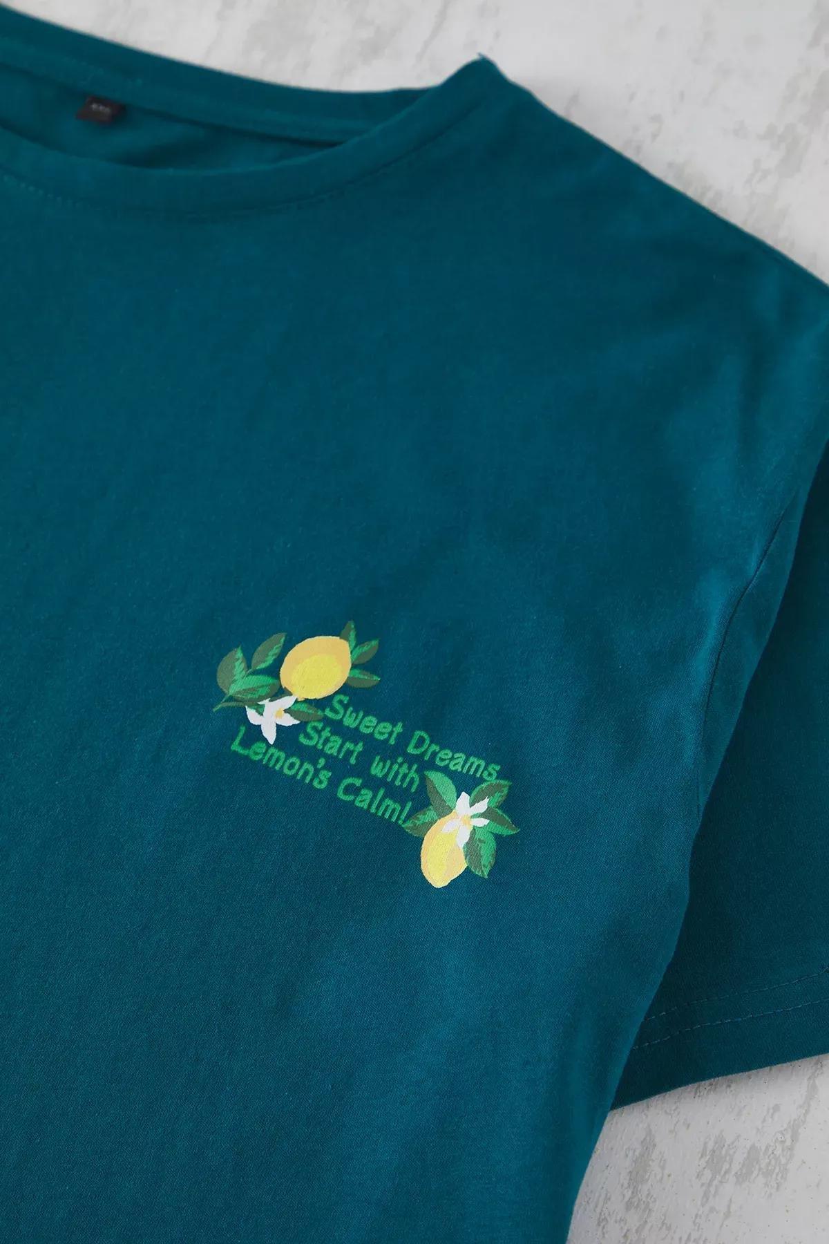 Green Lemon Patterned Pajama Set, Green, large image number 3