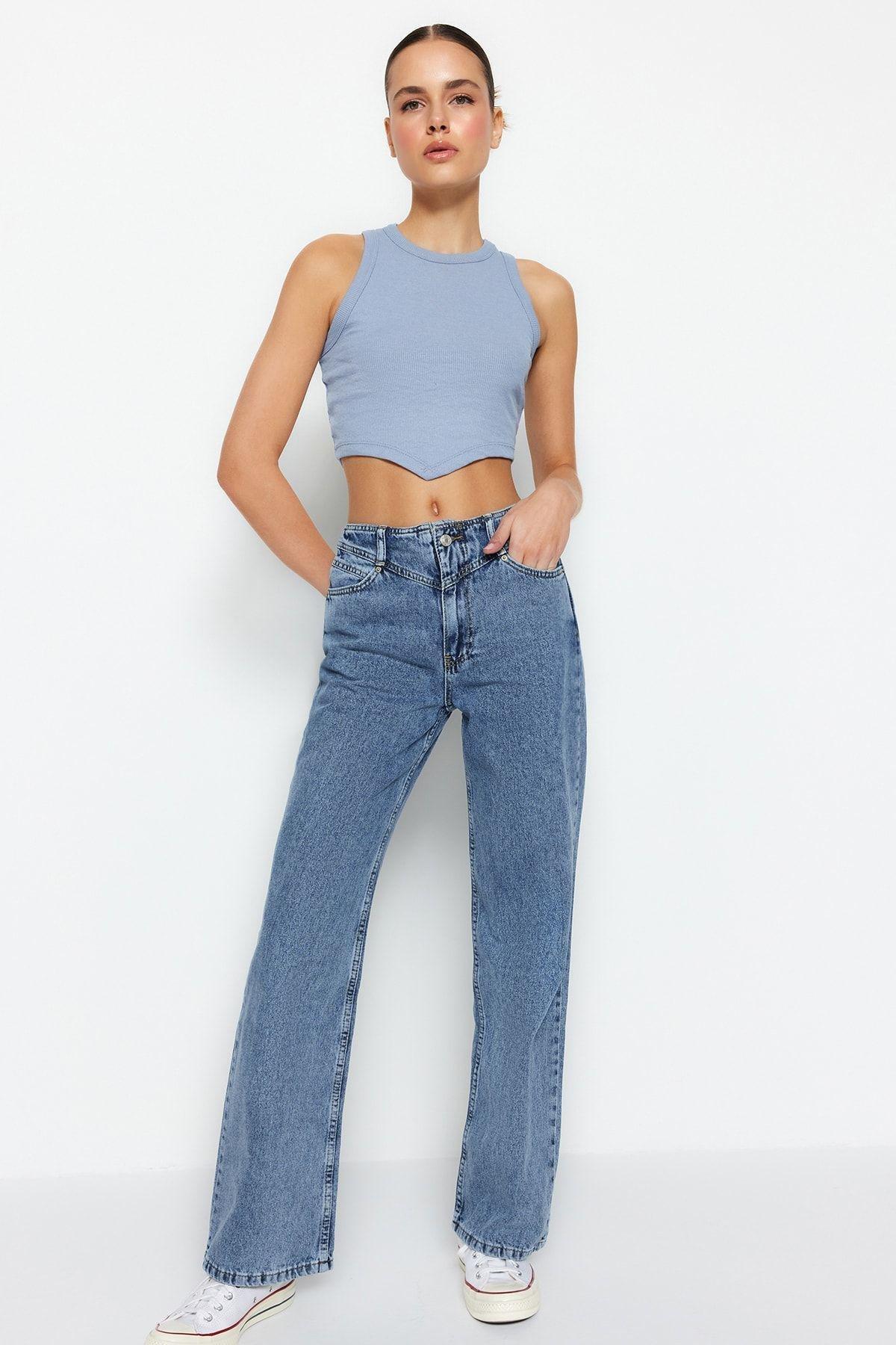 Blue Wide Leg Jeans, Blue, large image number 1