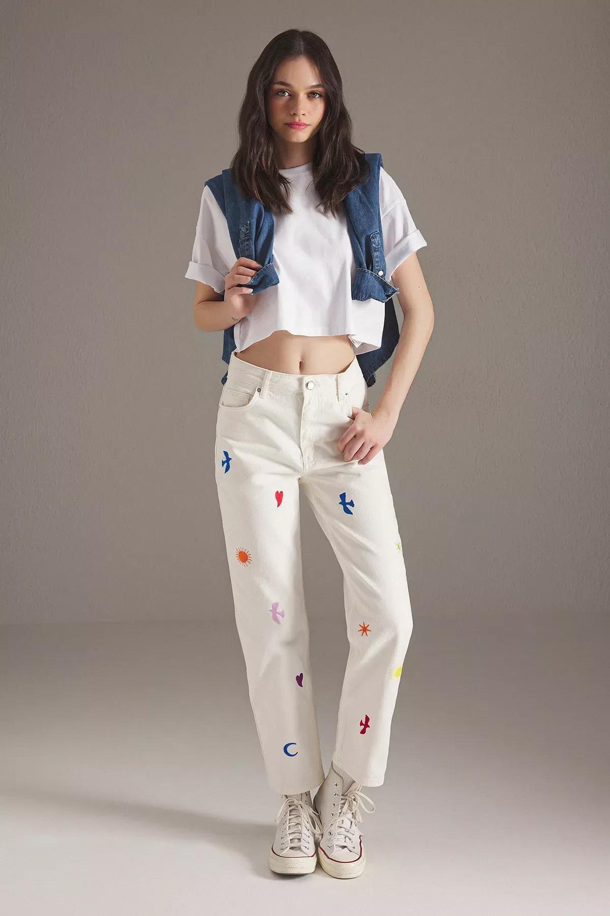 Beige Embroidered High-Waist Skirt, Ecru, large image number 0