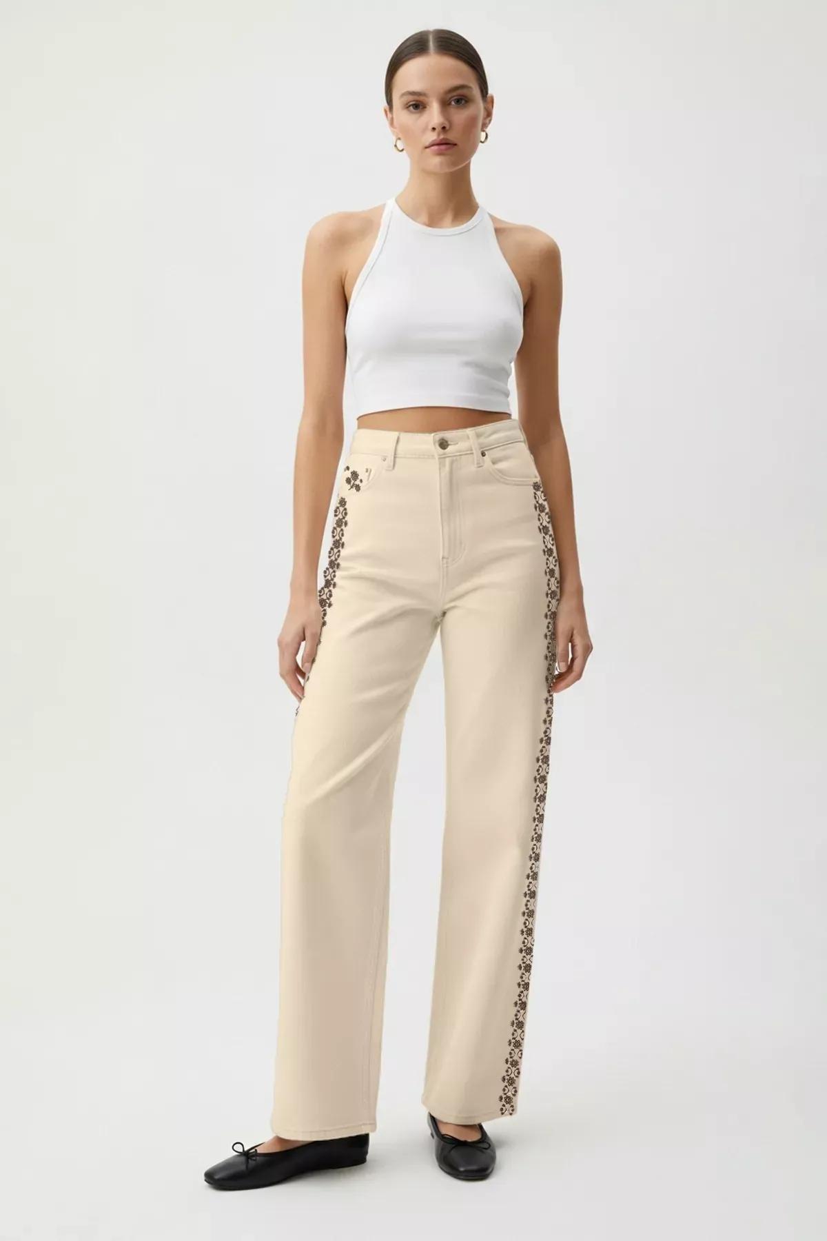 Beige Embroidered Wide Leg Jeans, Ecru, large image number 1