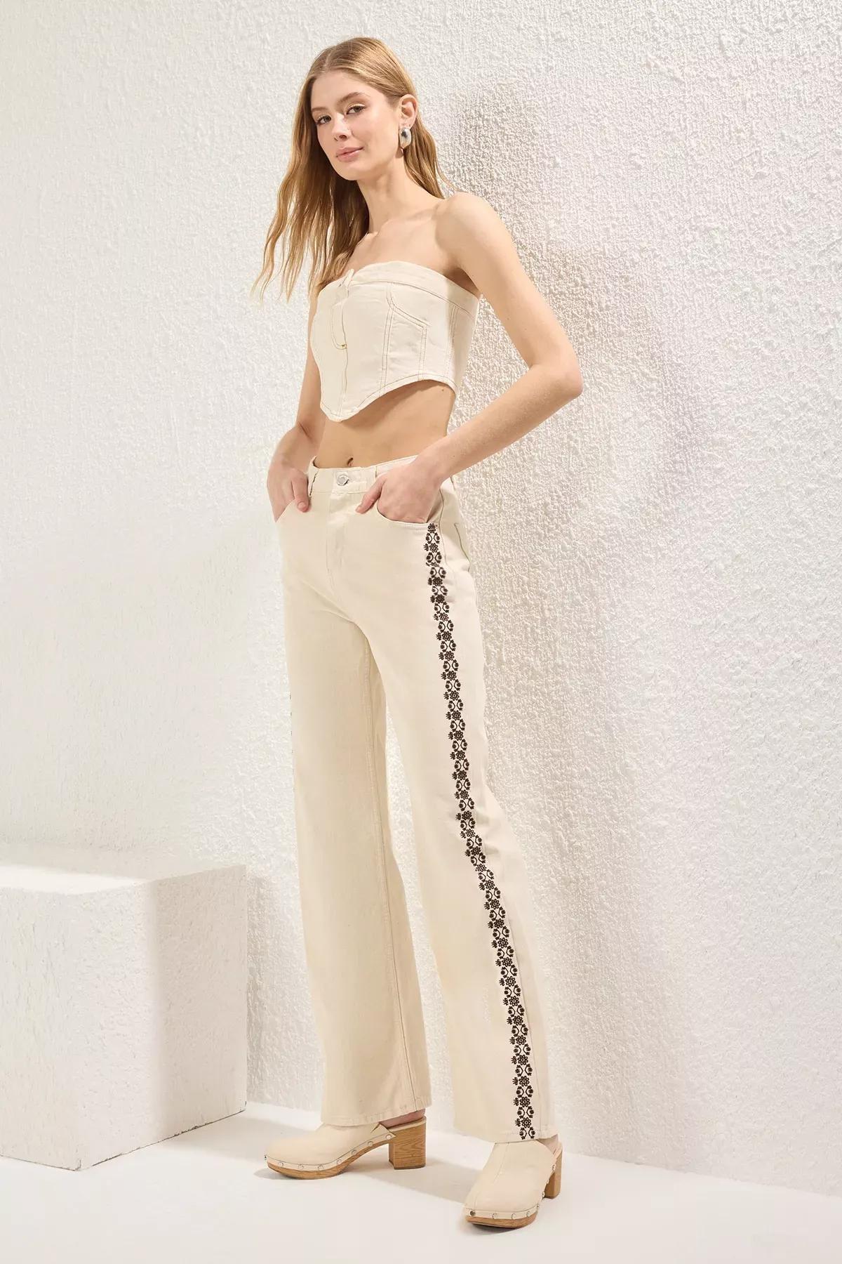 Beige Embroidered Wide Leg Jeans, Ecru, large image number 2