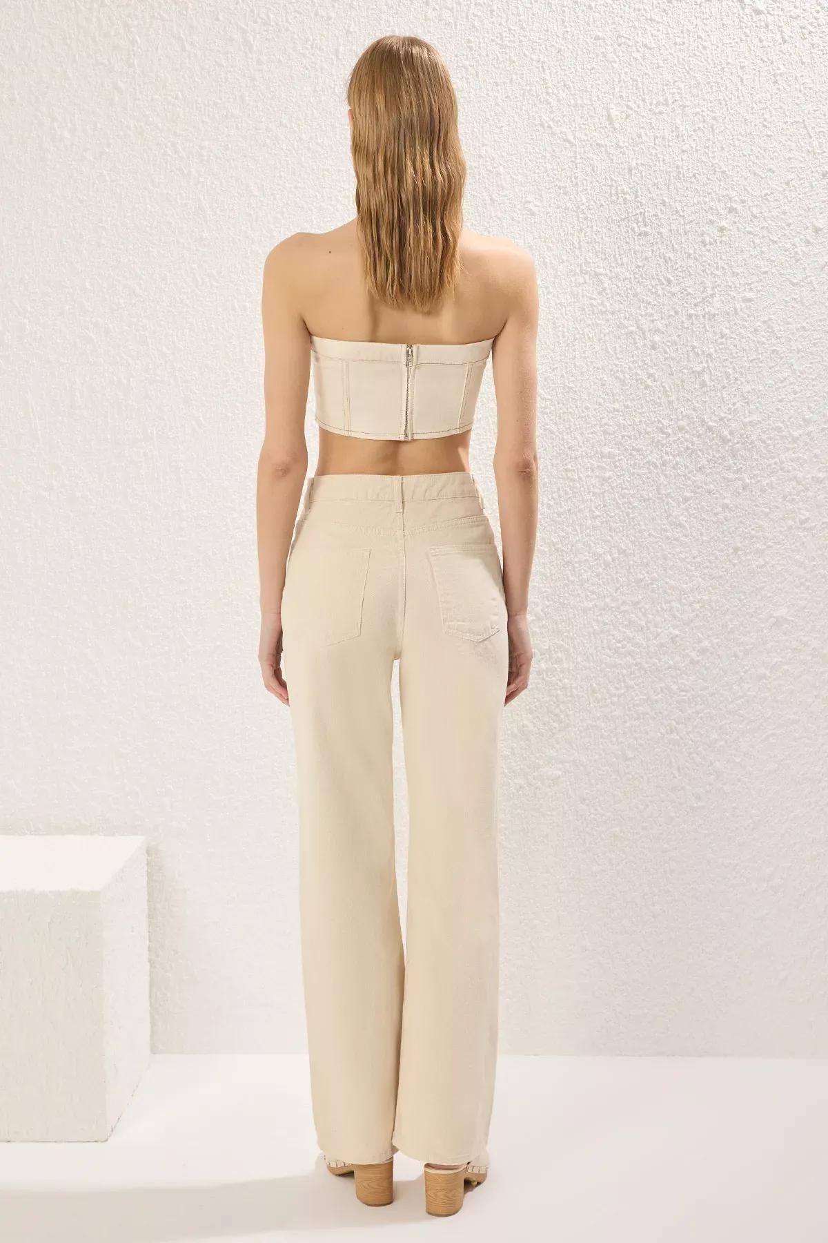 Beige Embroidered Wide Leg Jeans, Ecru, large image number 4