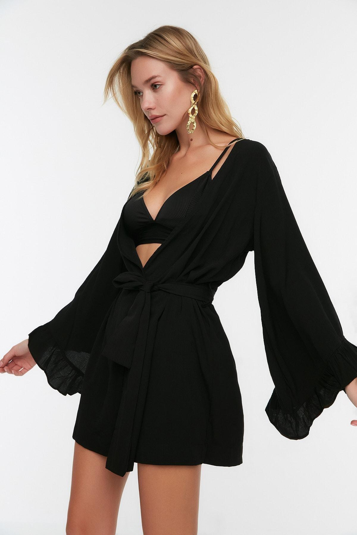 Black Relaxed V-Neck Kaftan, Black, large image number 4