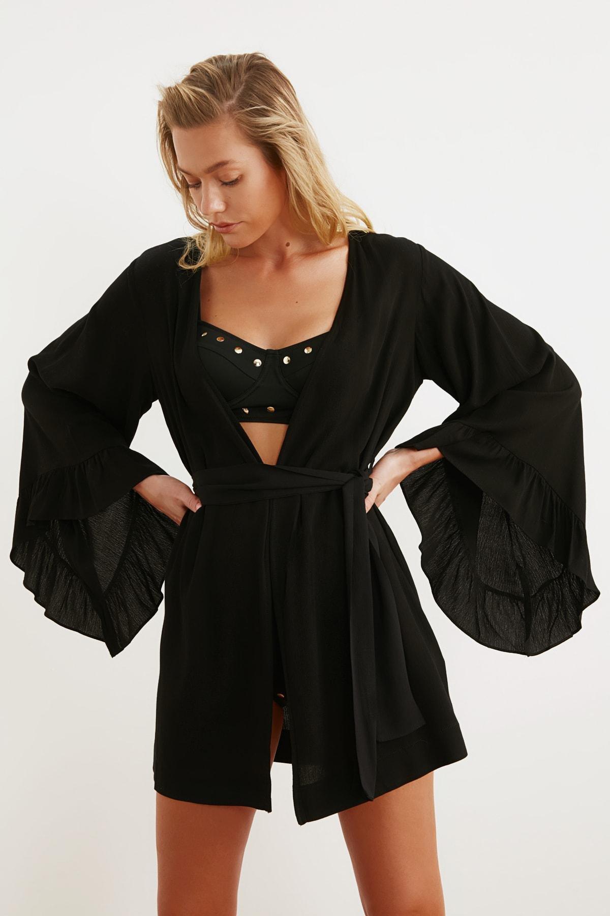 Black Relaxed V-Neck Kaftan, Black, large image number 5