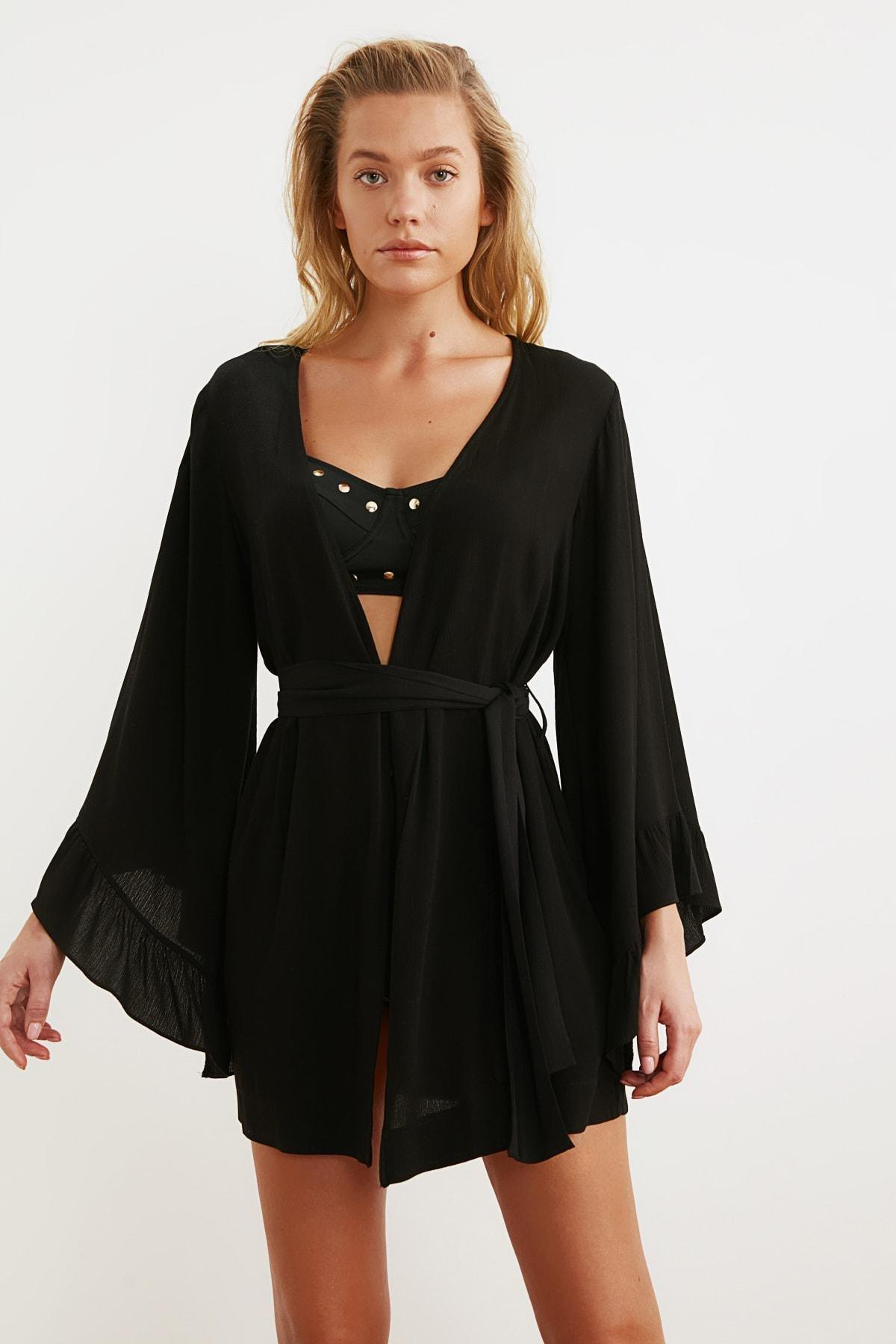 Black Relaxed V-Neck Kaftan, Black, large image number 7