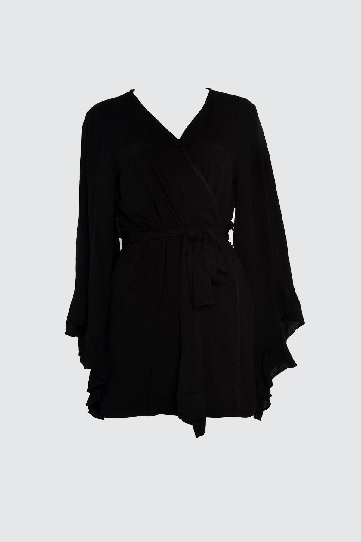 Black Relaxed V-Neck Kaftan, Black, large image number 8