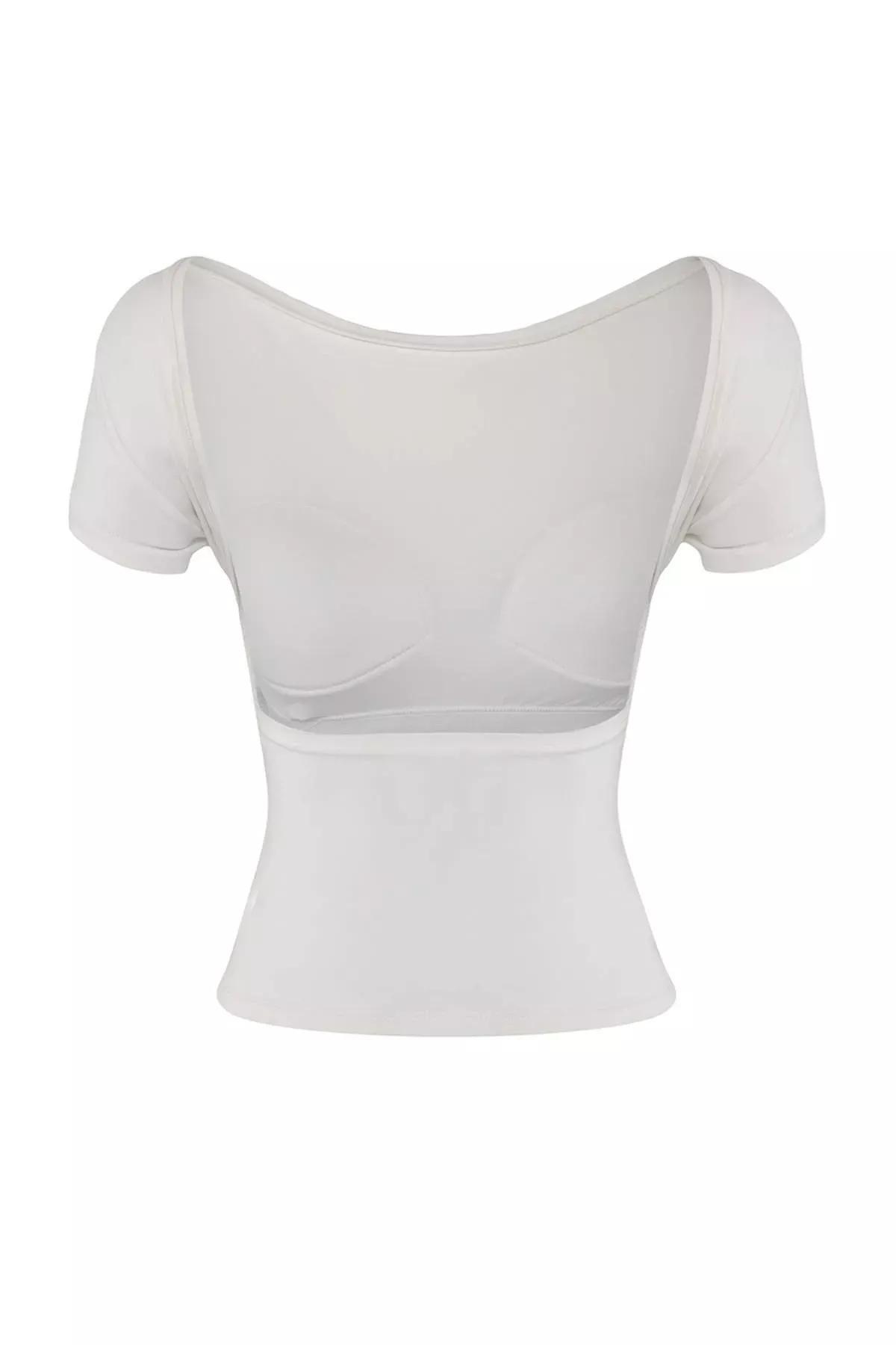 Beige Padded Backless Knitted Blouse, Ecru, large image number 5