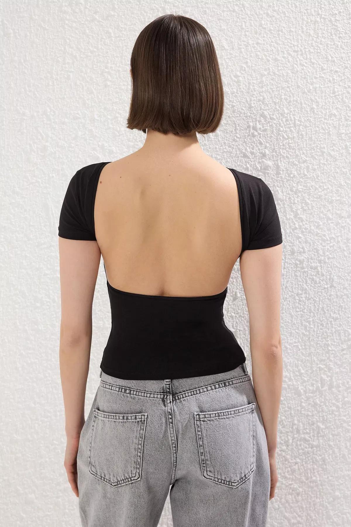 Black Backless Padded Knit Blouse, , large image number 3