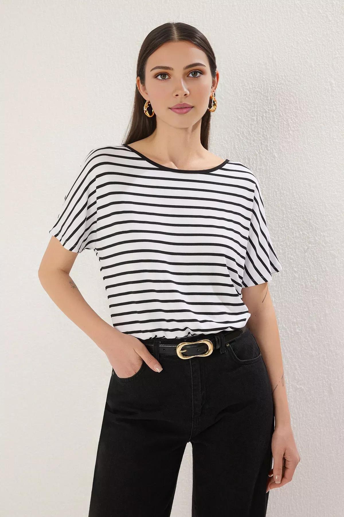 Black Striped 3/4 Sleeve Bodysuit, BLACK, medium