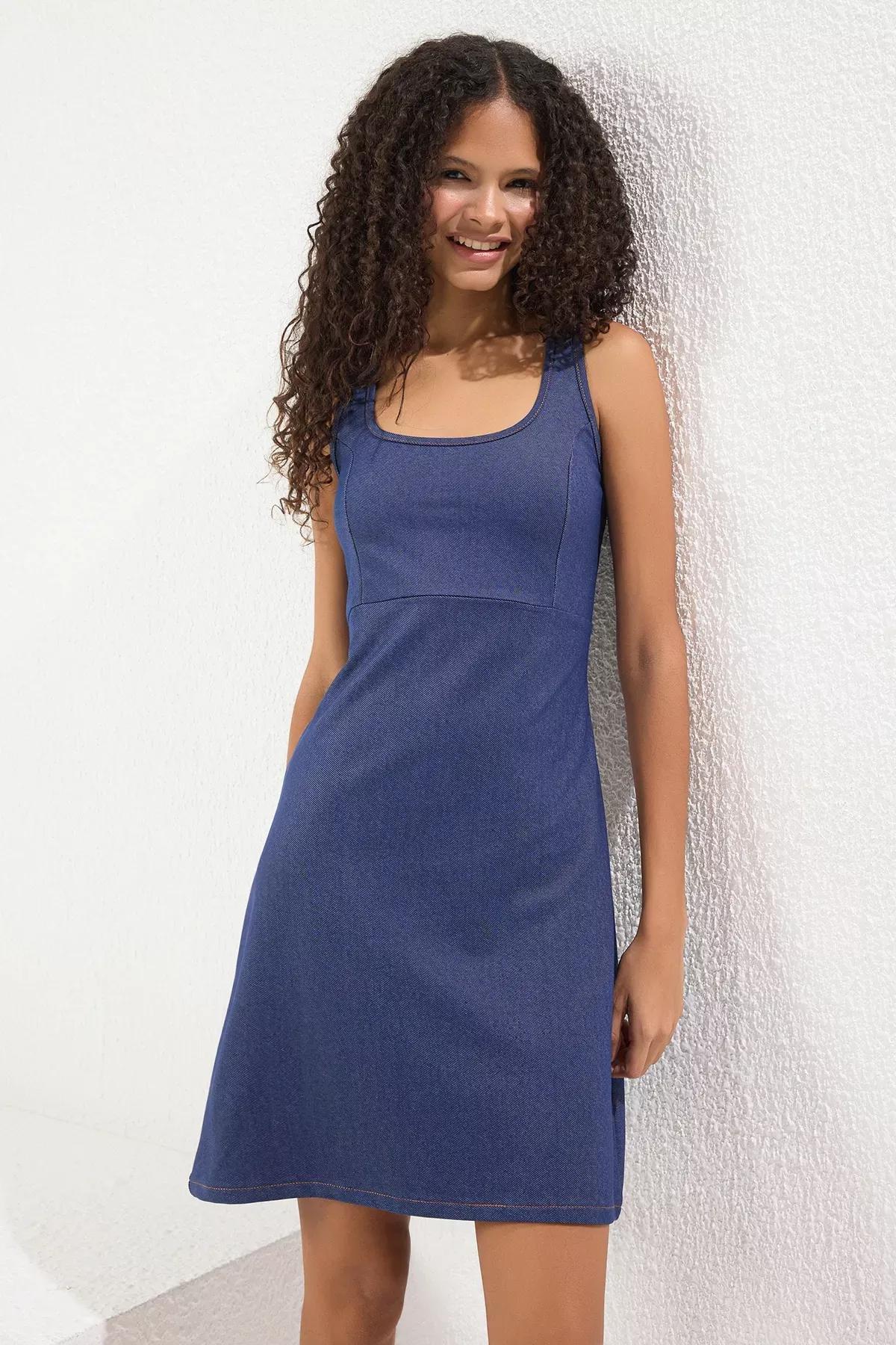 Indigo Denim Look Mini A Line/Flare Cut Knit Dress TWOSS25EL00681, , large image number 1
