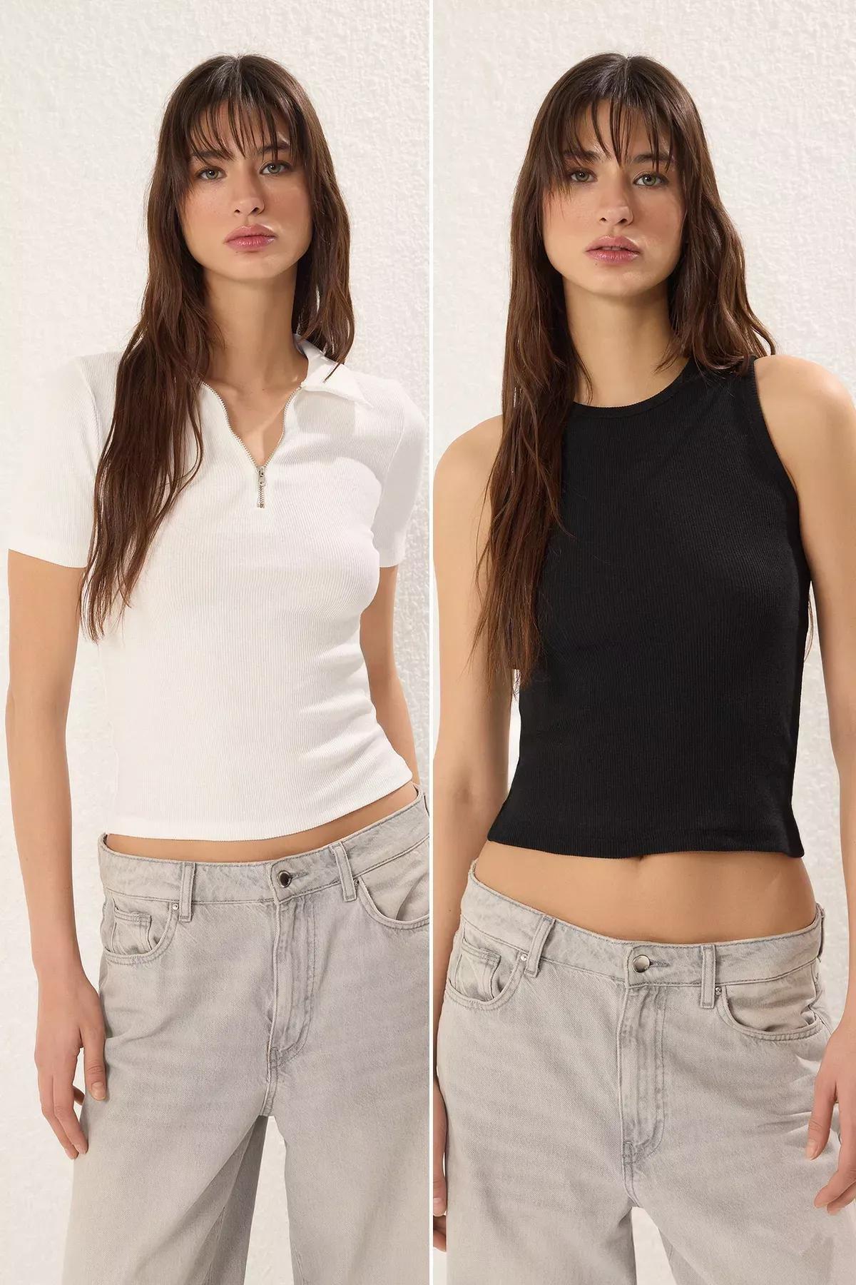 Beige-Black 2-Pack Fitted Blouses, Ecru-Black, large image number 0