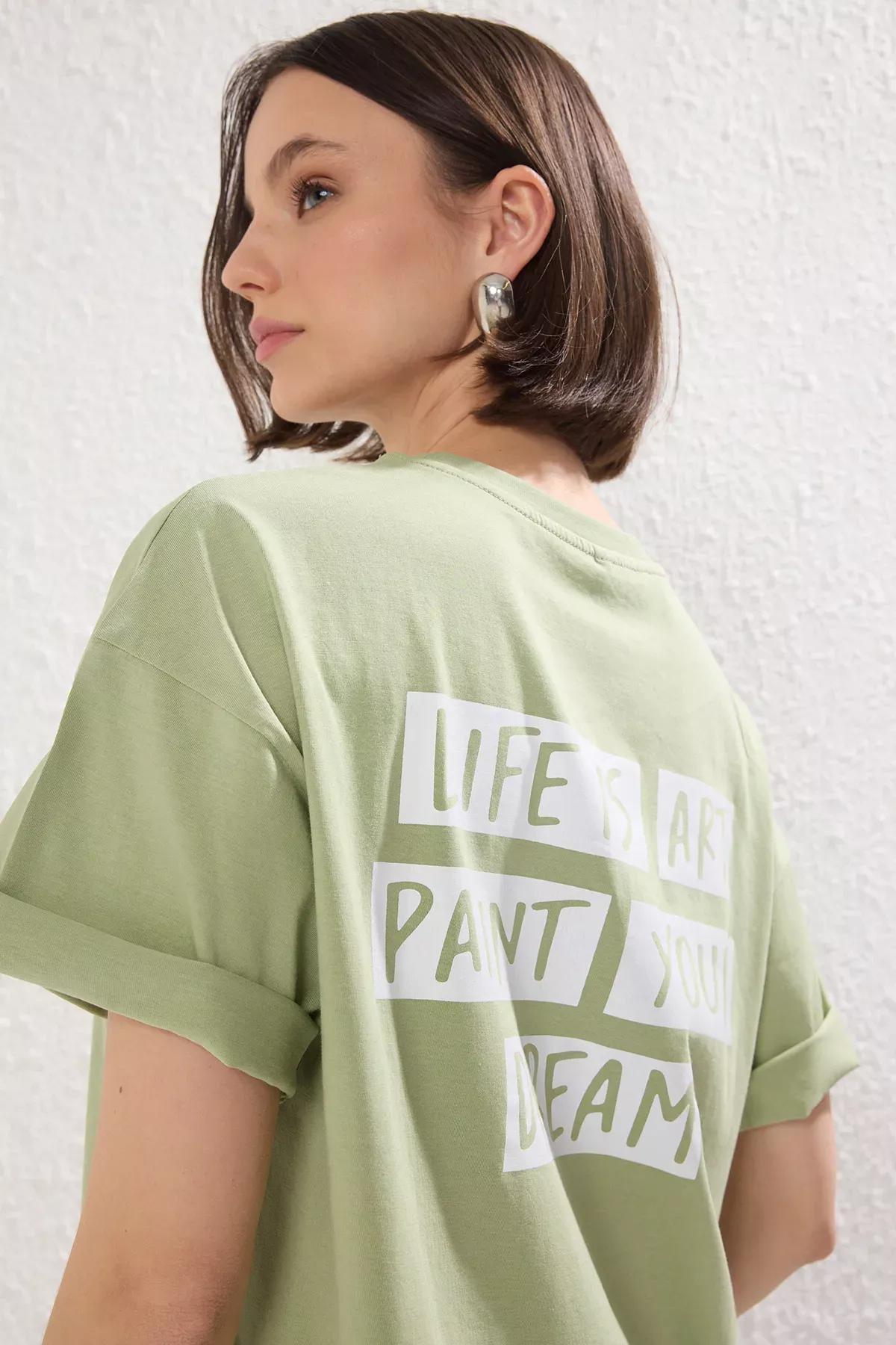 Green Slogan Patch Oversize Knit T-shirt, Mint, large image number 0