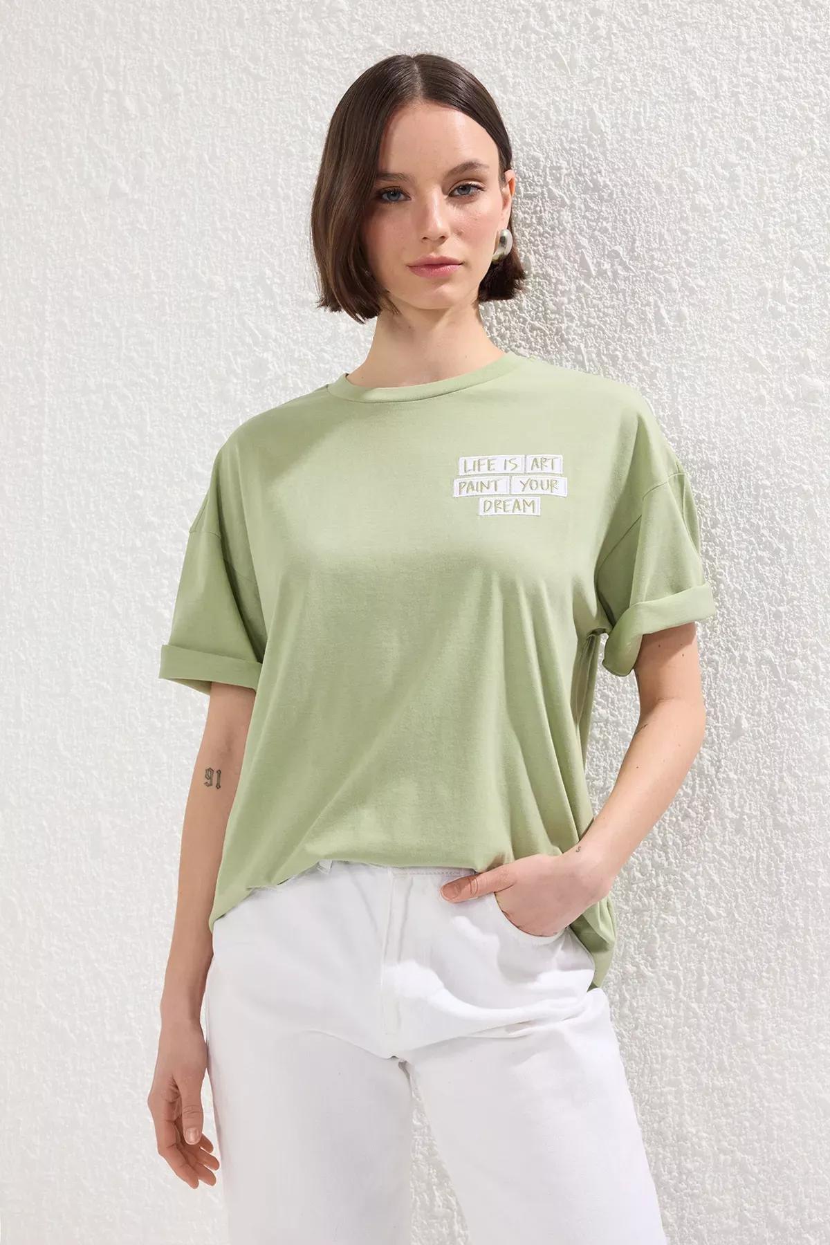 Green Slogan Patch Oversize Knit T-shirt, Mint, large image number 1