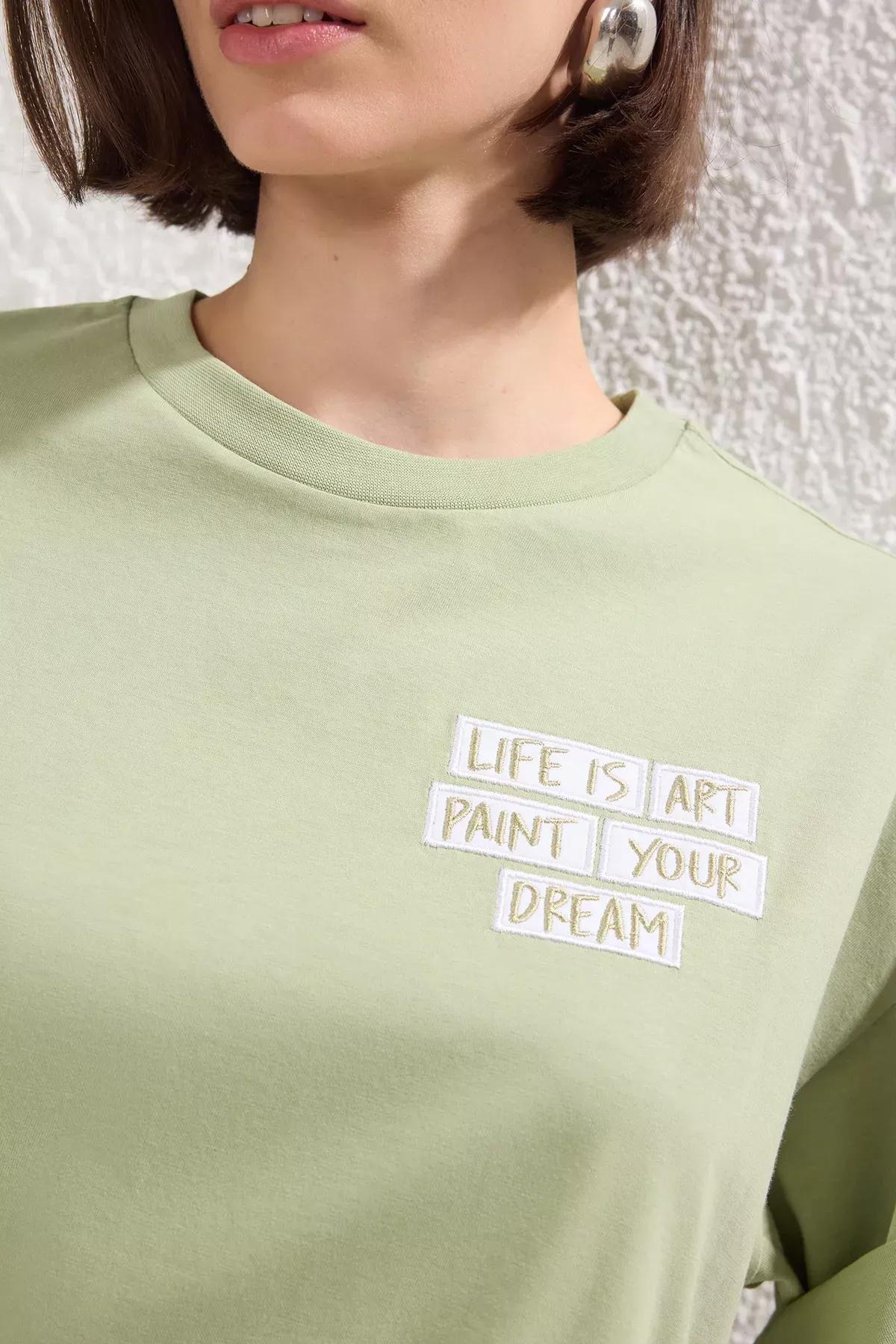 Green Slogan Patch Oversize Knit T-shirt, Mint, large image number 2