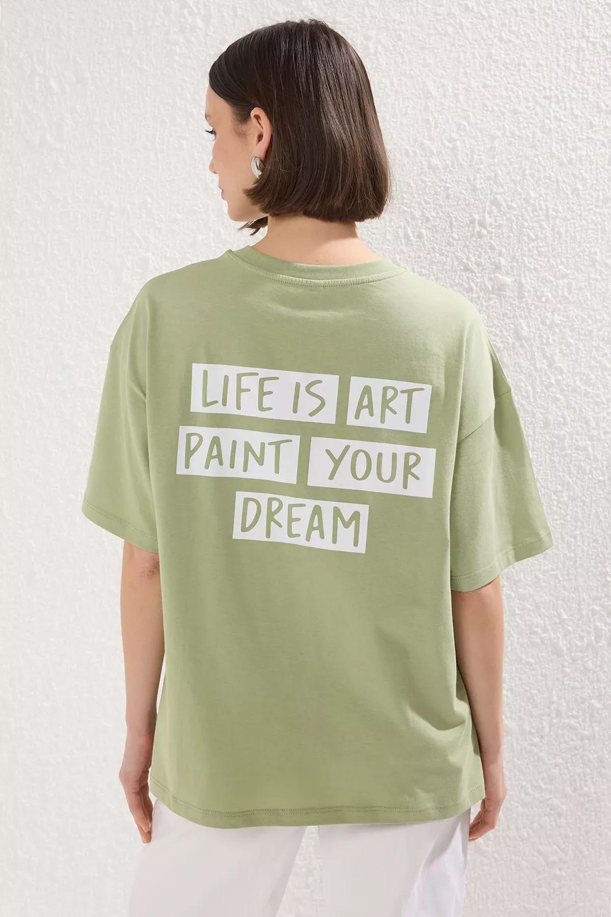 Green Slogan Patch Oversize Knit T-shirt, Mint, large image number 3