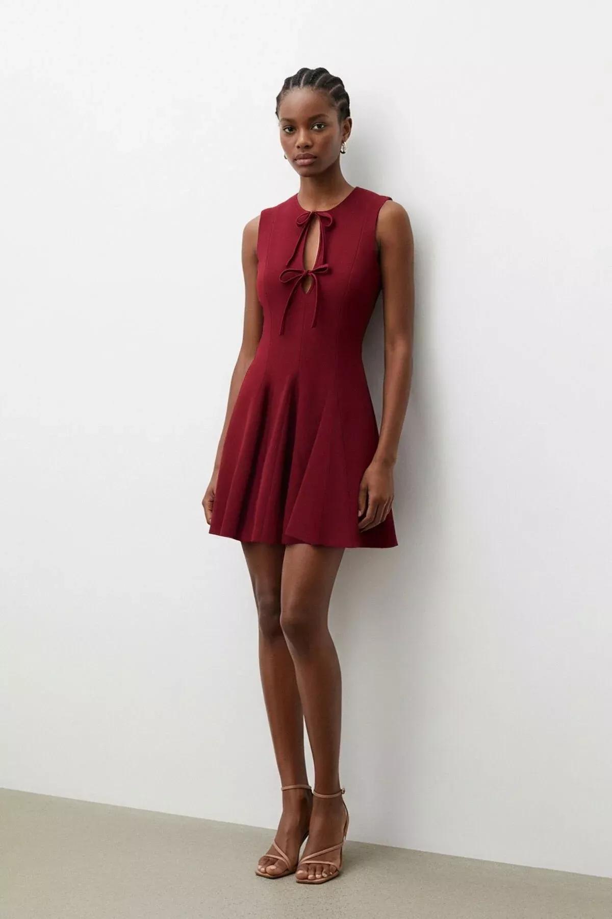 Burgundy Ribbed Baby Doll Mini Dress, Burgundy, large image number 1