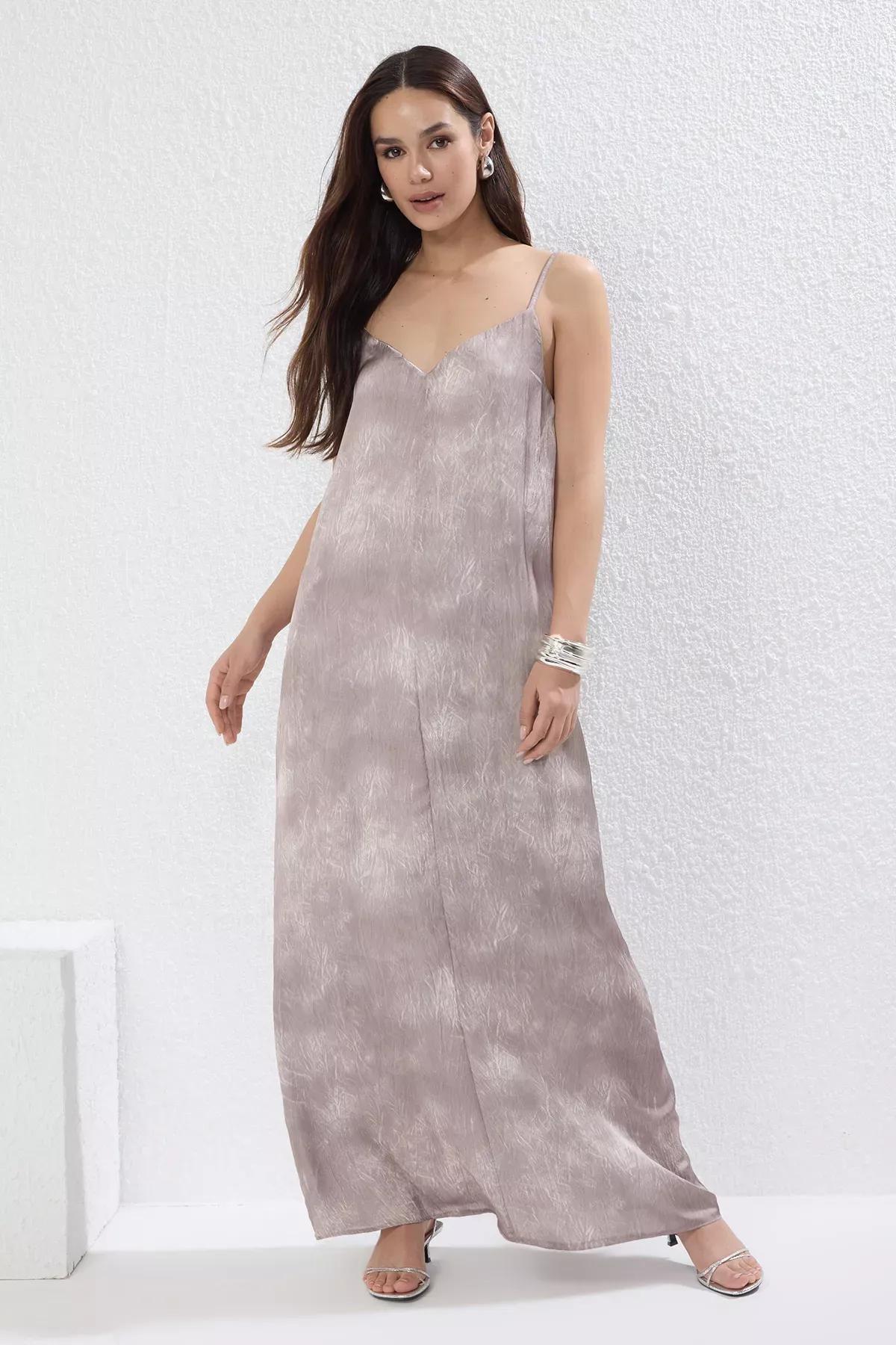 Brown Plain Midi Woven Dress, Mink, large image number 0