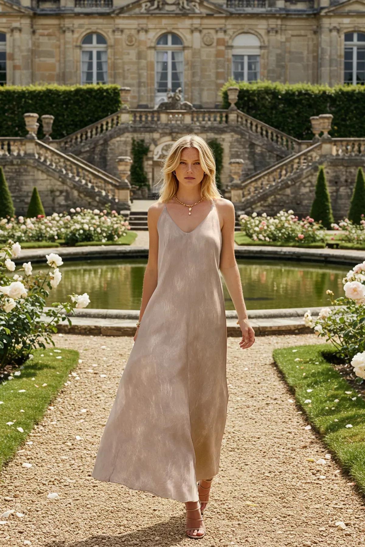 Brown Plain Midi Woven Dress, Mink, large image number 1