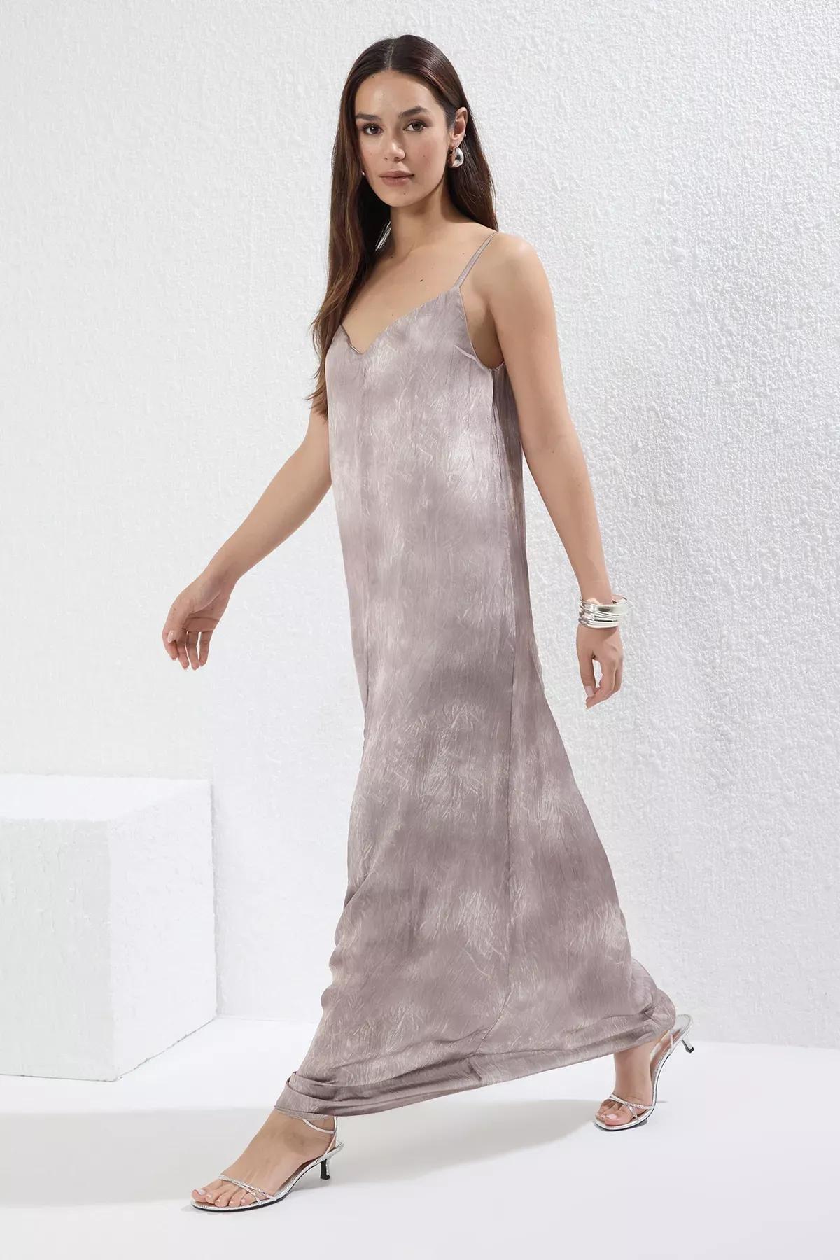 Brown Plain Midi Woven Dress, Mink, large image number 2