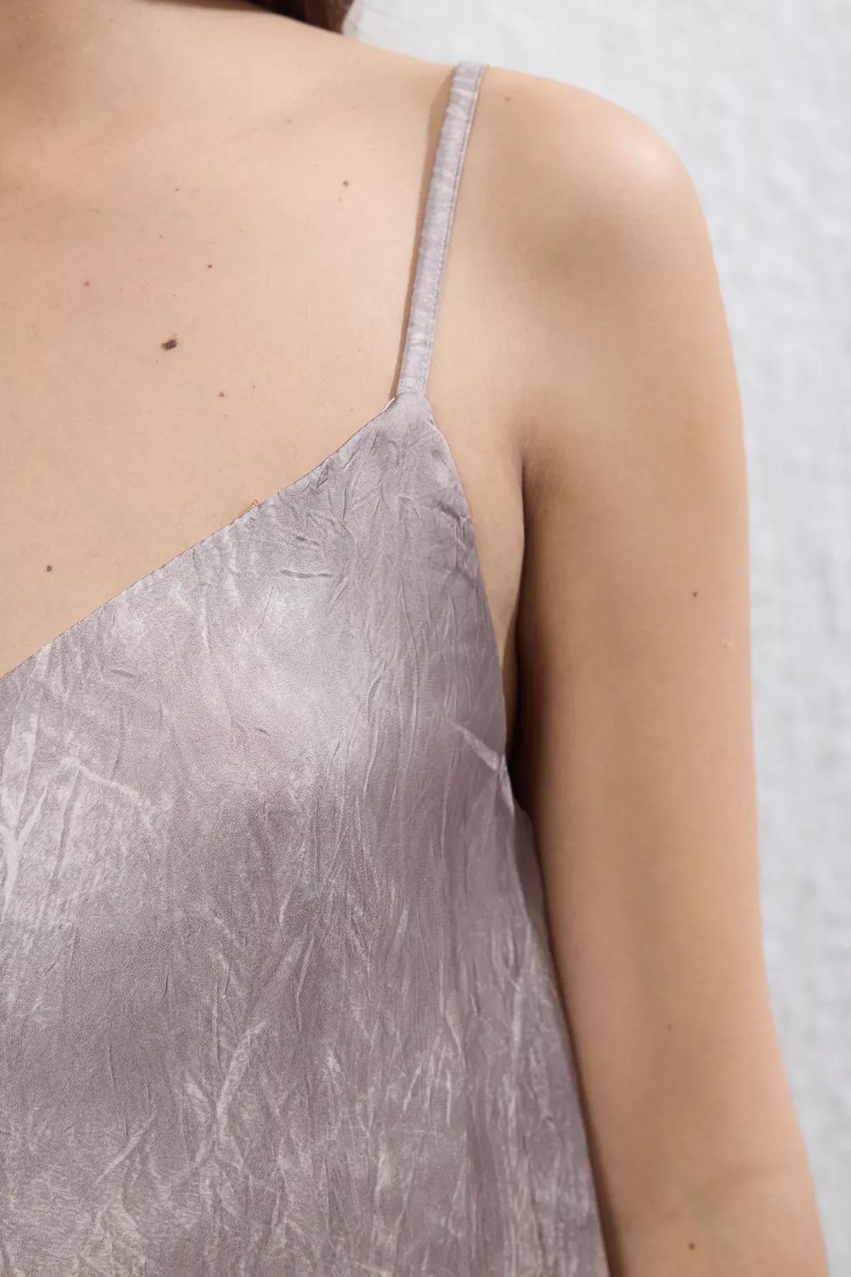 Brown Plain Midi Woven Dress, Mink, large image number 3