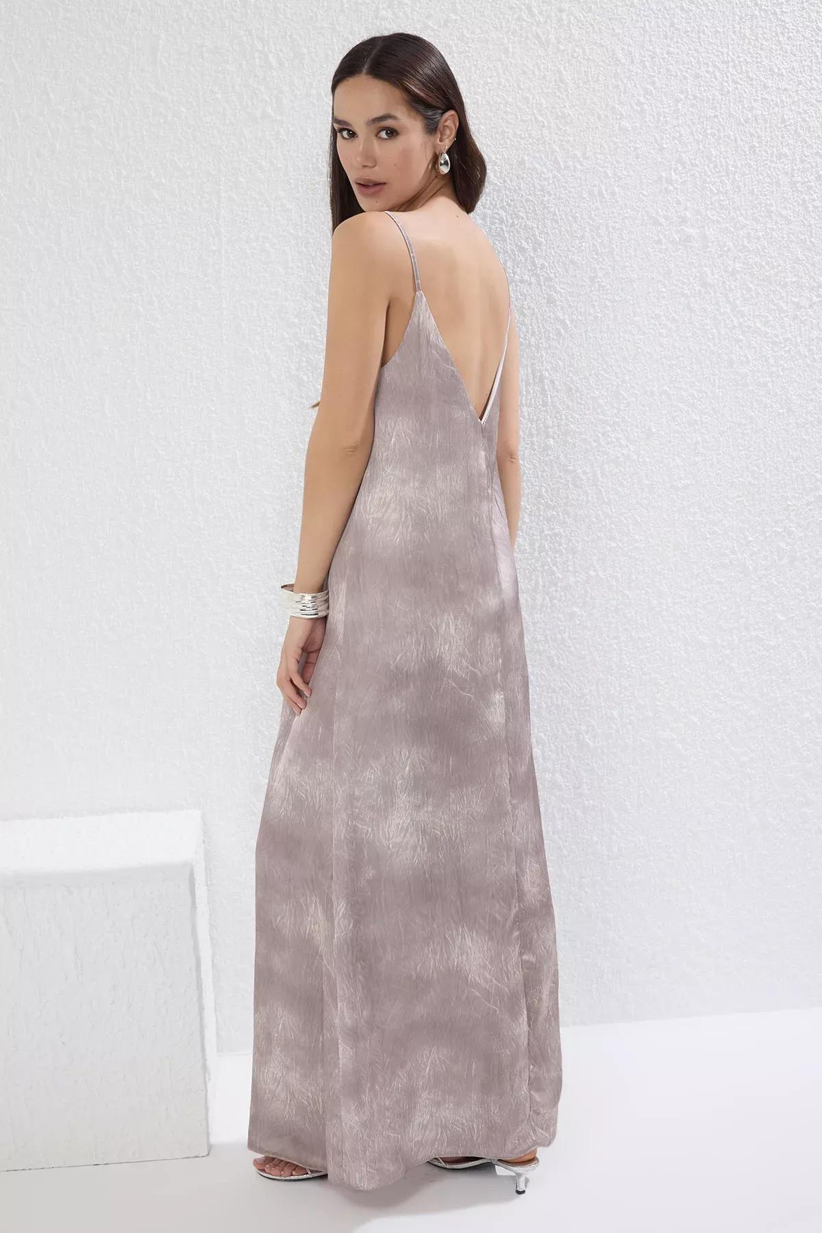 Brown Plain Midi Woven Dress, Mink, large image number 4