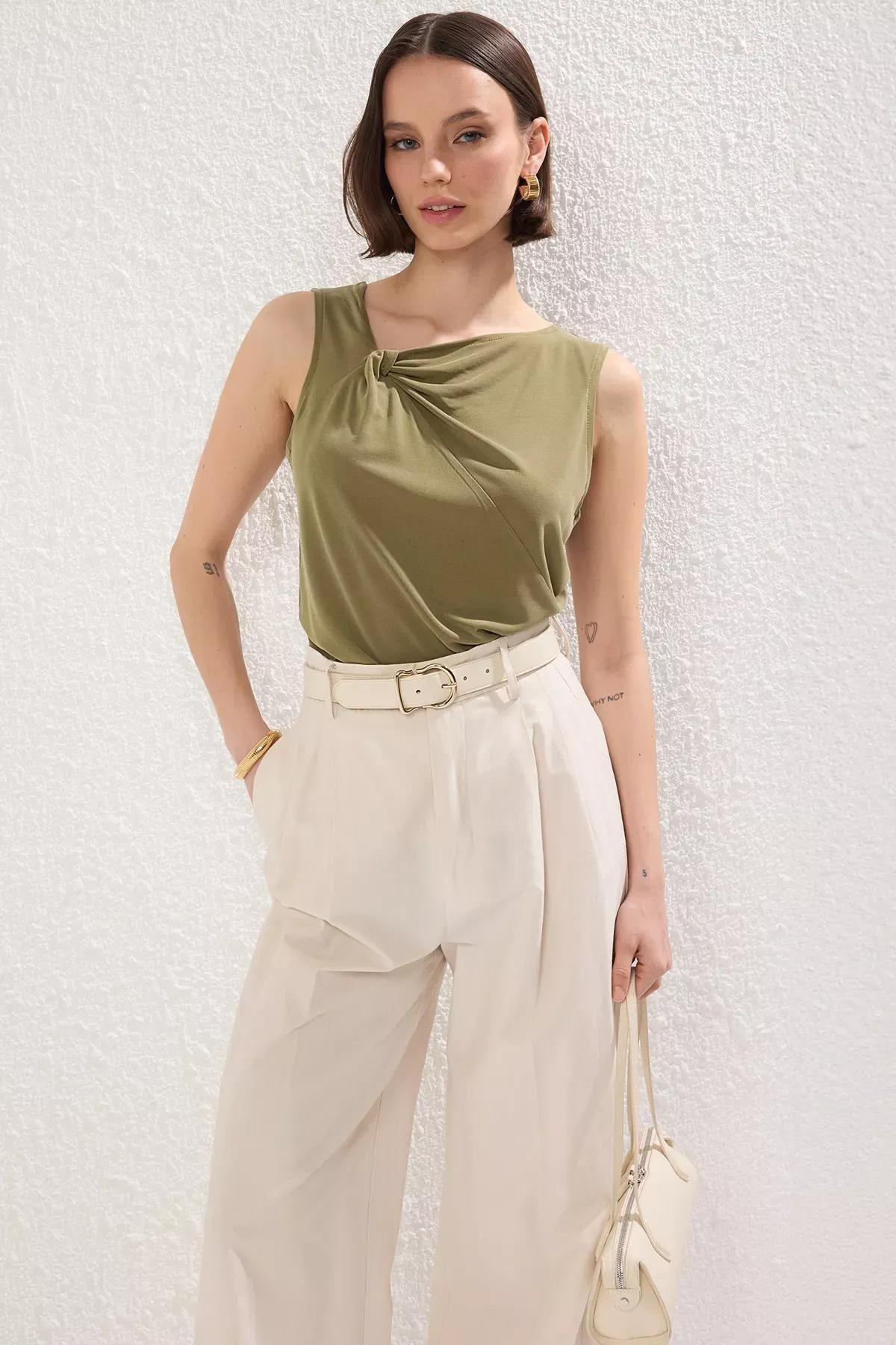 Green Asymmetric Collar Knitted Blouse, , large image number 0