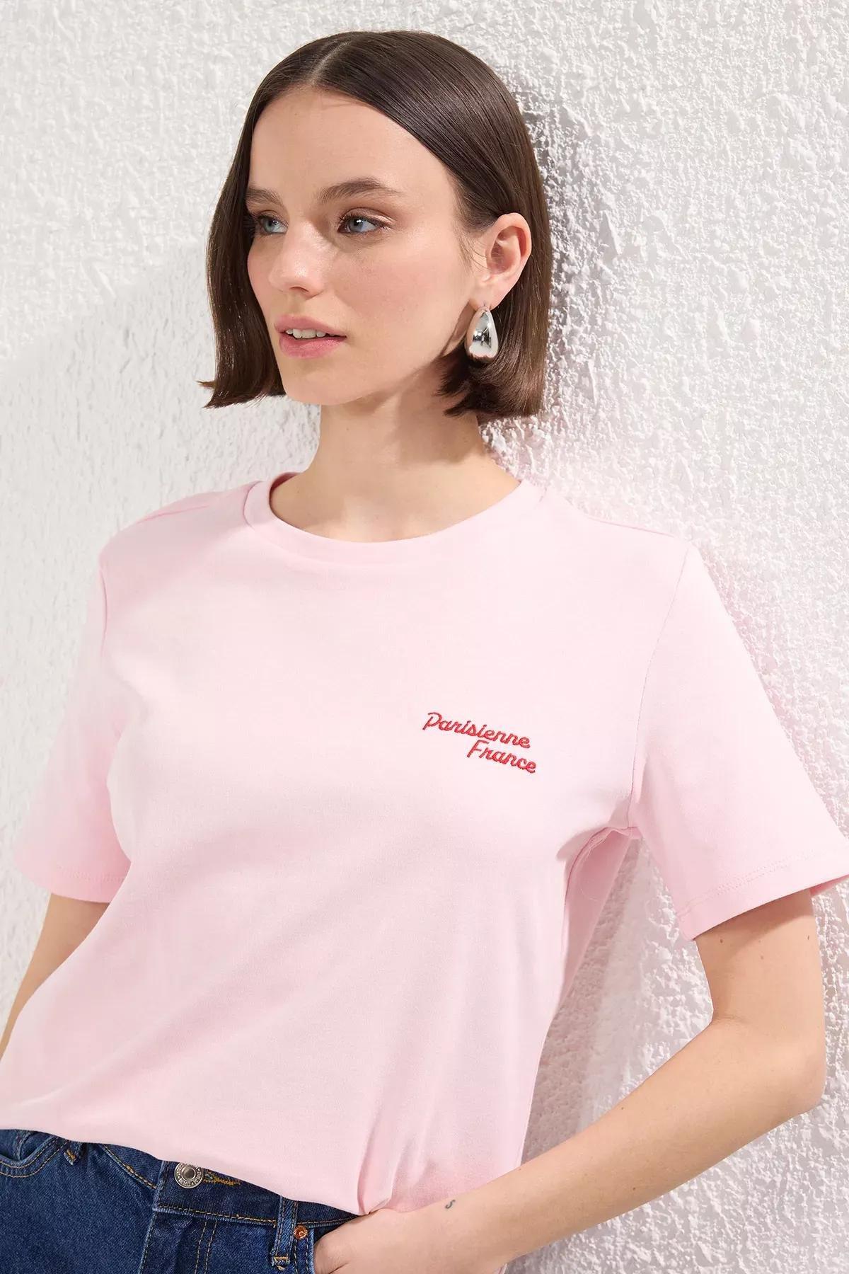 Pink Slogan Printed Regular Knit T-shirt, , large image number 0