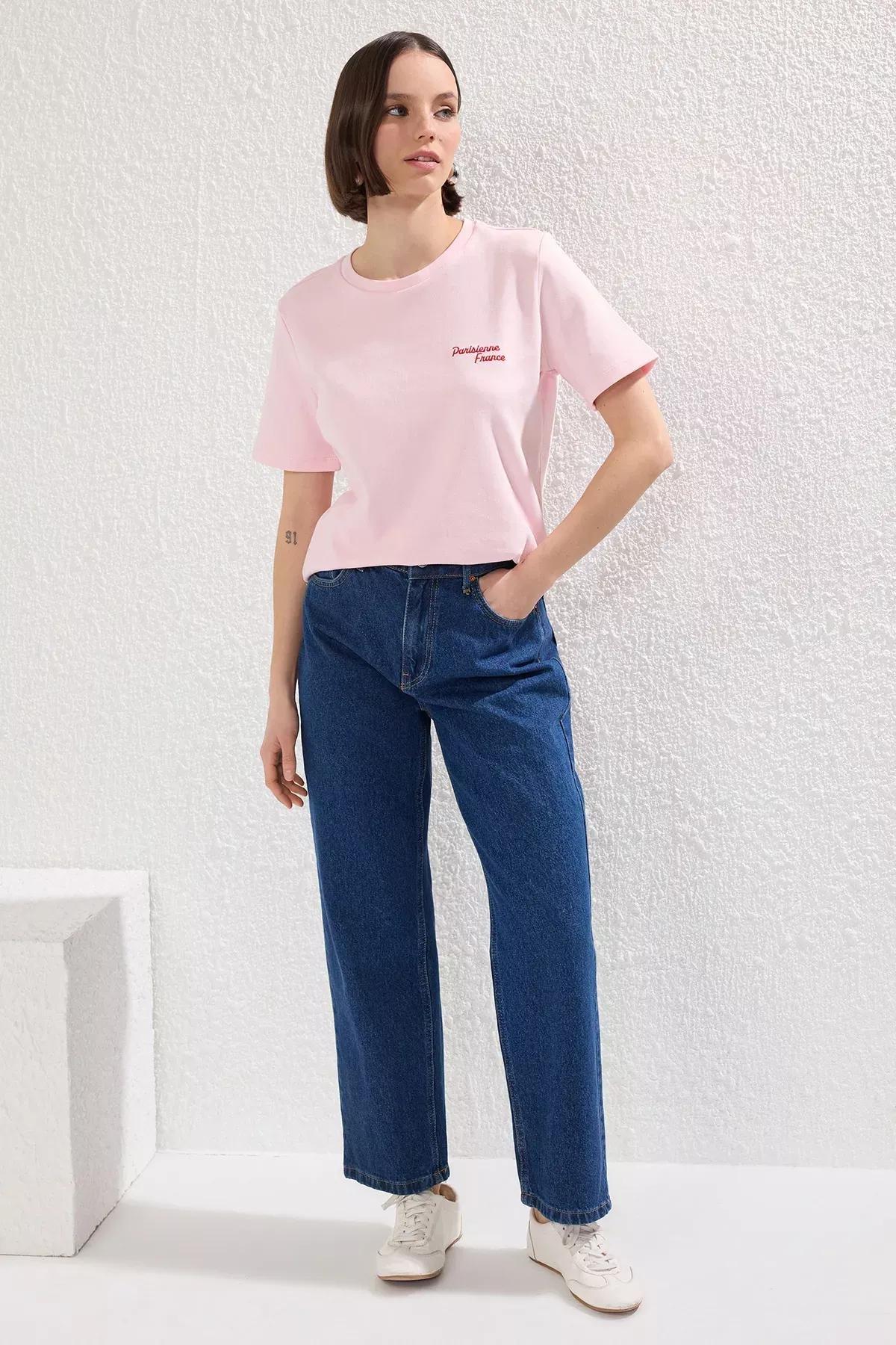 Pink Slogan Printed Regular Knit T-shirt, , large image number 1