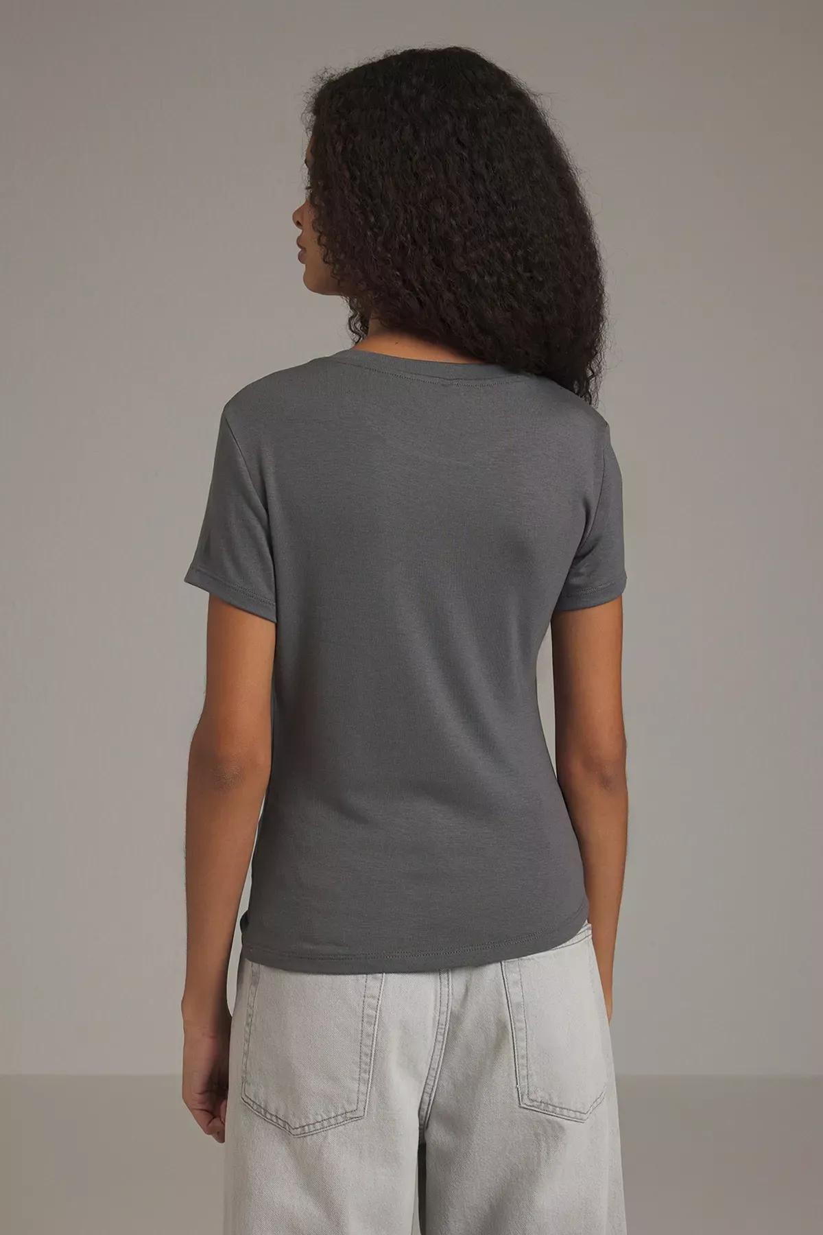 Grey Embroidered Short Sleeve Blouse, , large image number 3