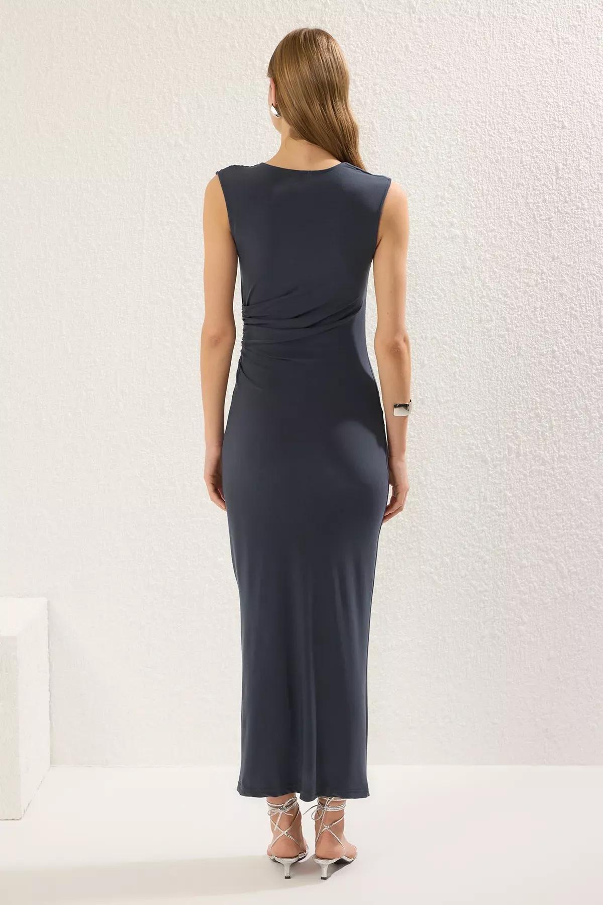 Anthracite Ruched Bodycon Maxi Dress, Anthracite, large image number 4