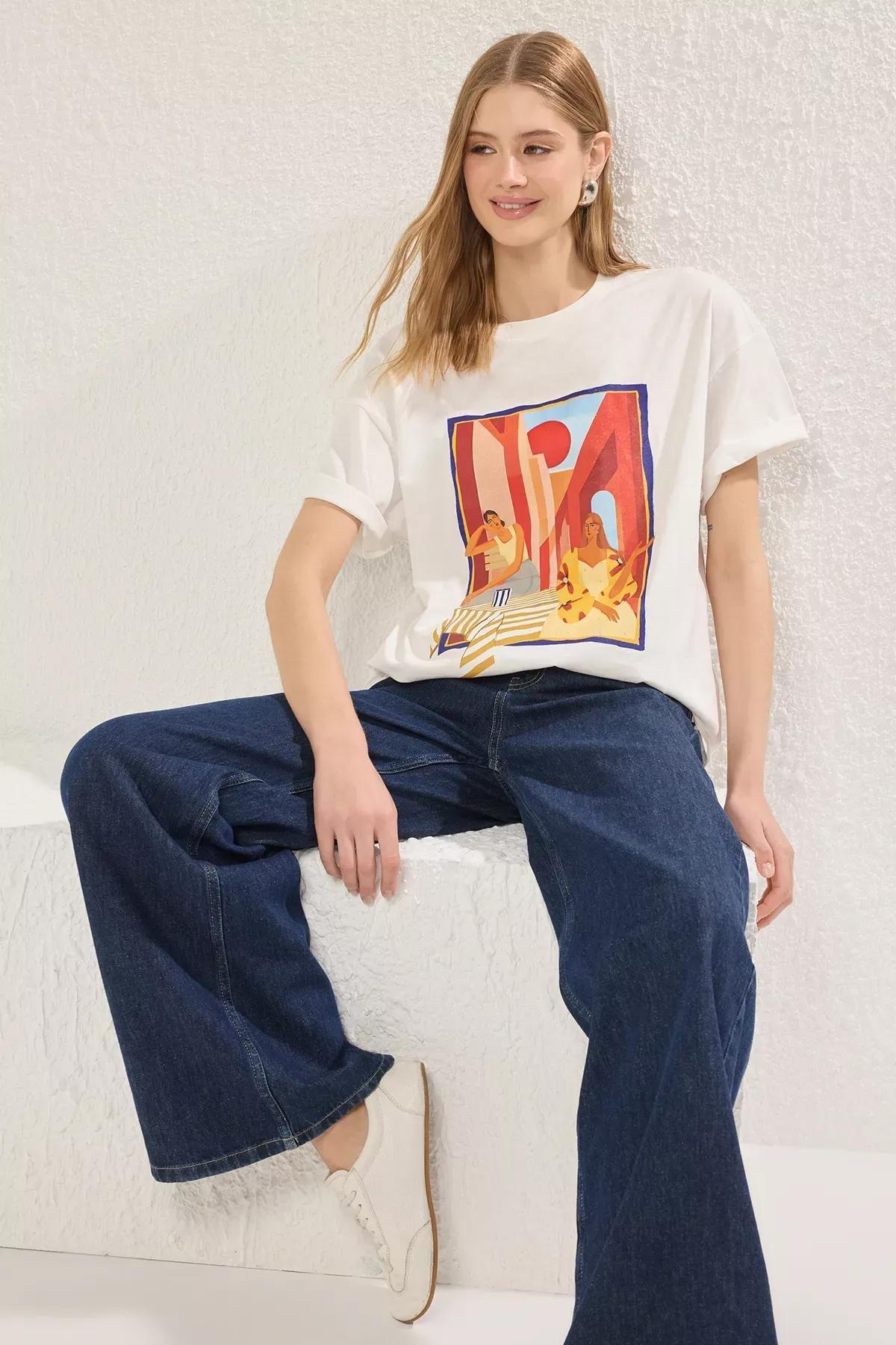 Beige Oversized Printed T-Shirt, Ecru, large image number 0